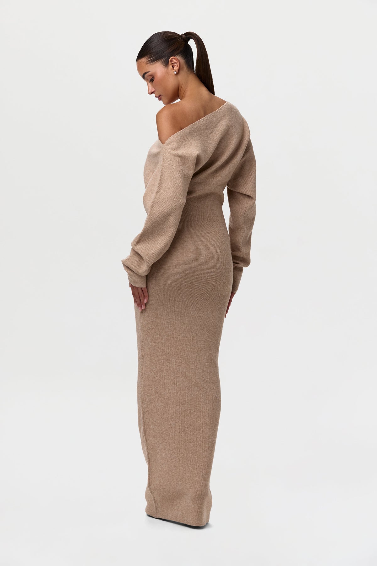 Taupe Knit Off-Shoulder Sweater Maxi Dress