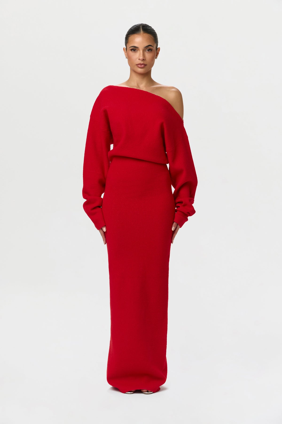 Red Knit Off-Shoulder Sweater Maxi Dress