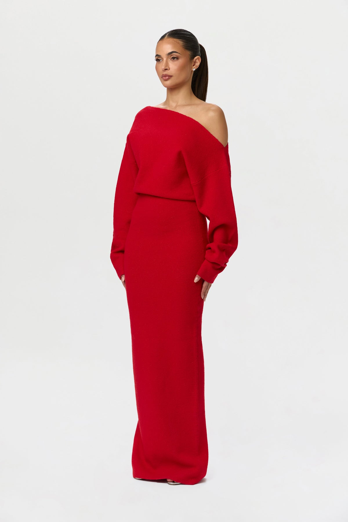 Red Knit Off-Shoulder Sweater Maxi Dress