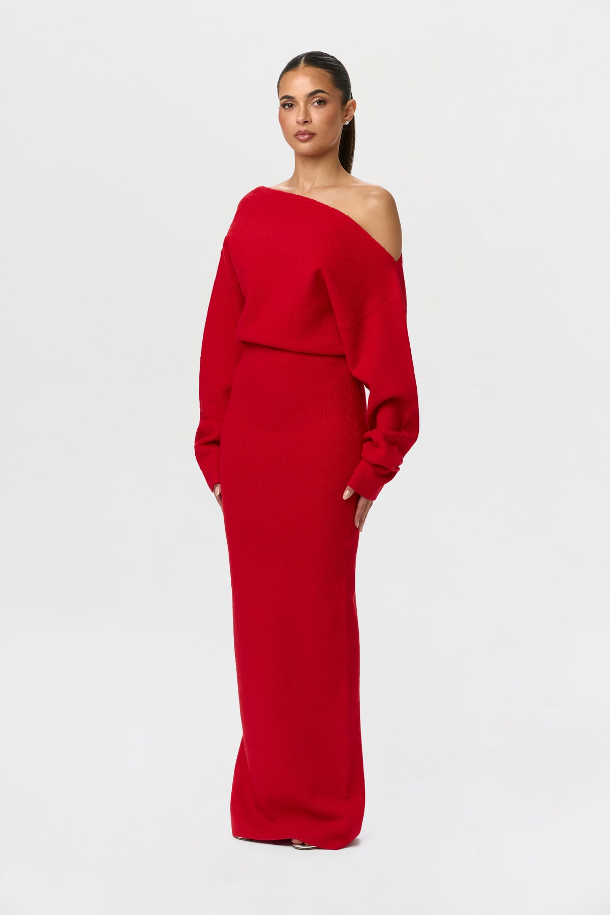 Red Knit Off-Shoulder Sweater Maxi Dress