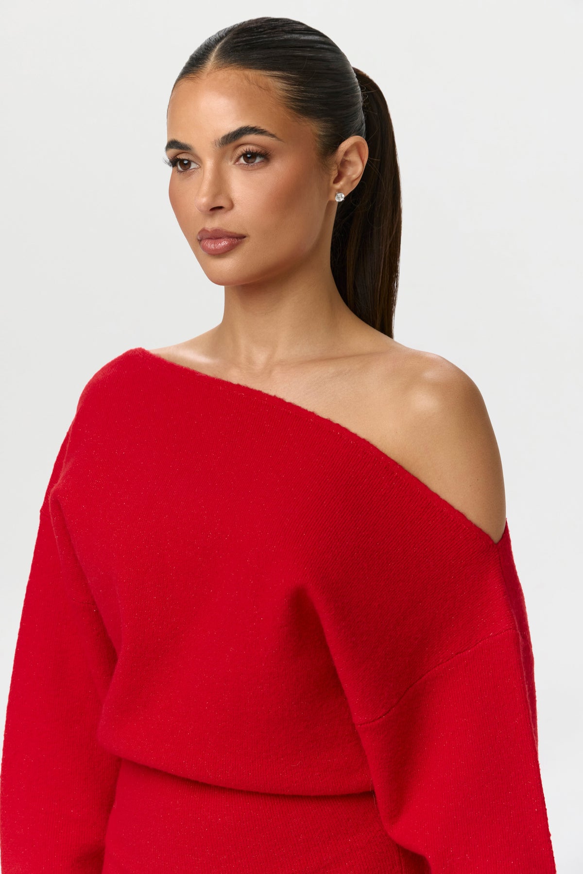 Red Knit Off-Shoulder Sweater Maxi Dress