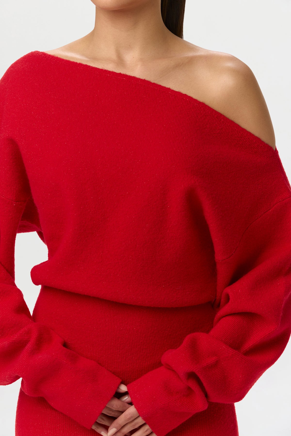 Red Knit Off-Shoulder Sweater Maxi Dress