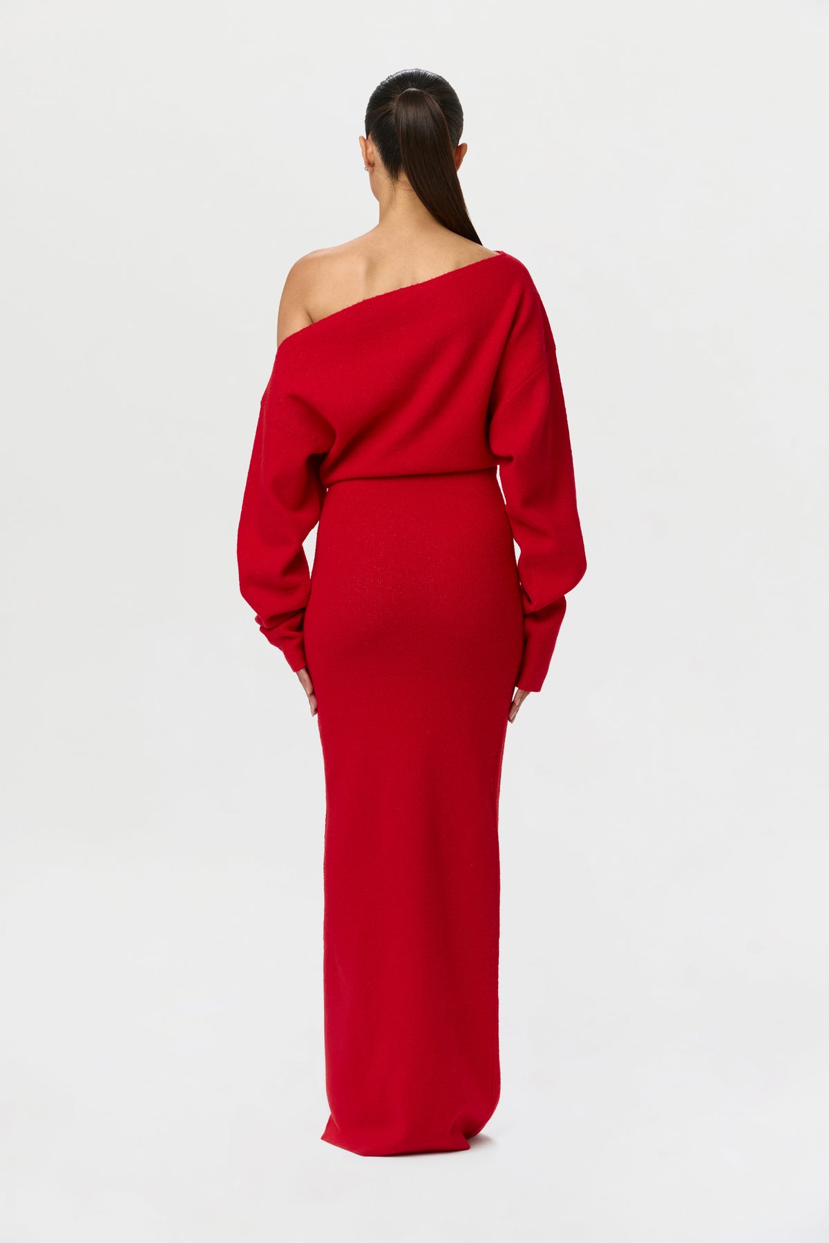 Red Knit Off-Shoulder Sweater Maxi Dress