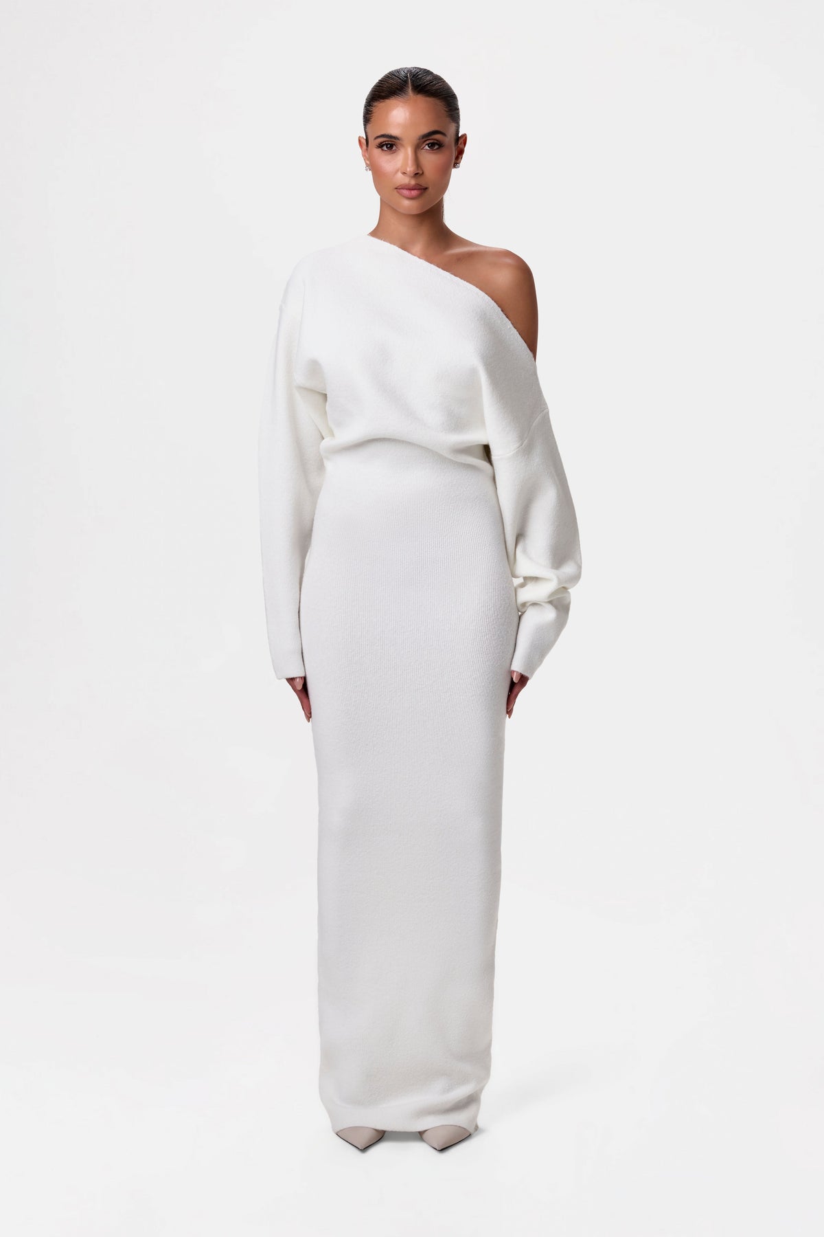 White Knit Off-Shoulder Sweater Maxi Dress