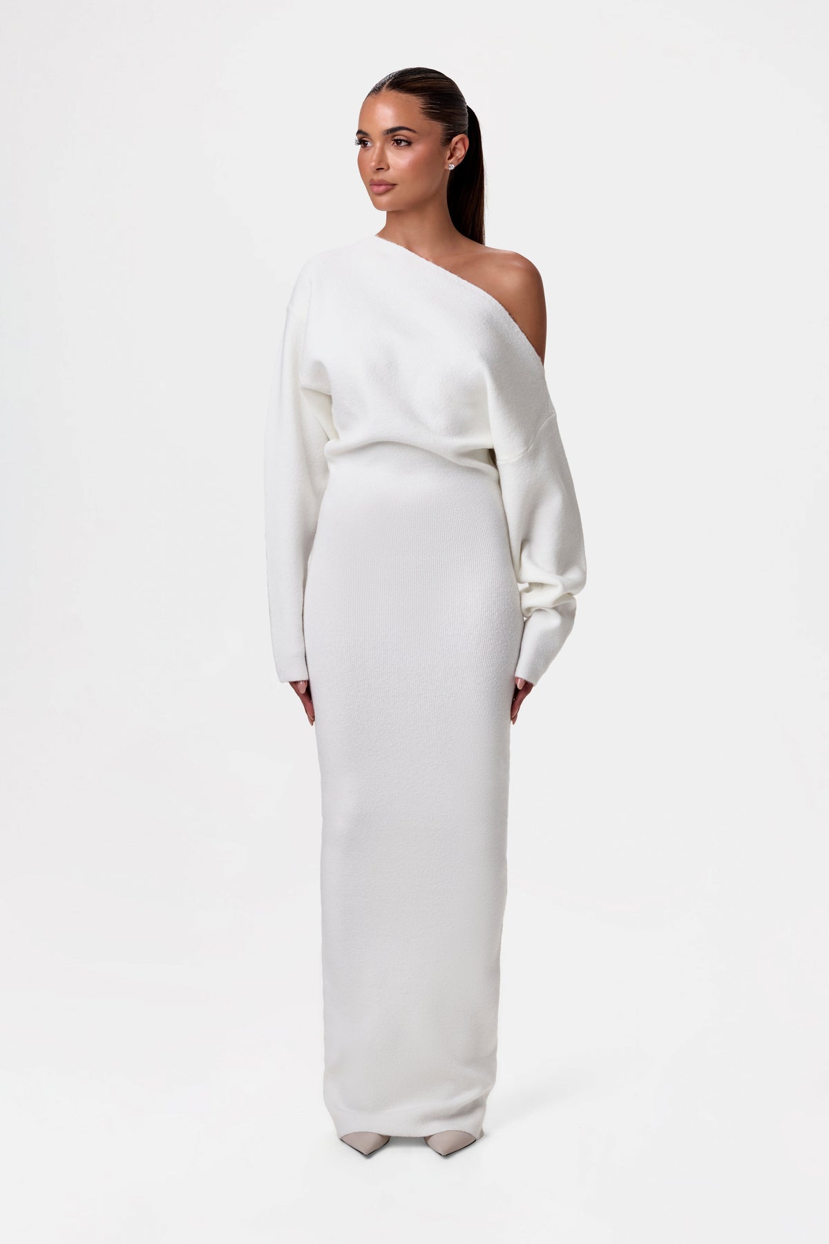 White Knit Off-Shoulder Sweater Maxi Dress