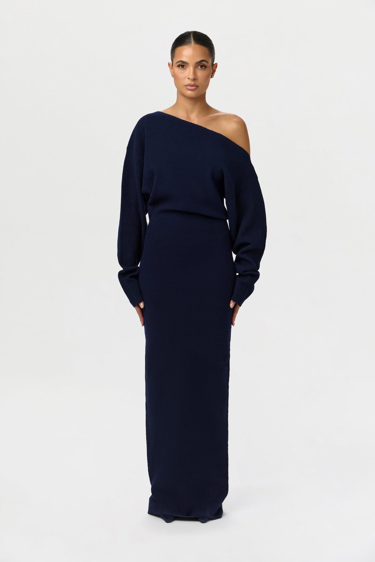 Navy Knit Off-Shoulder Sweater Maxi Dress