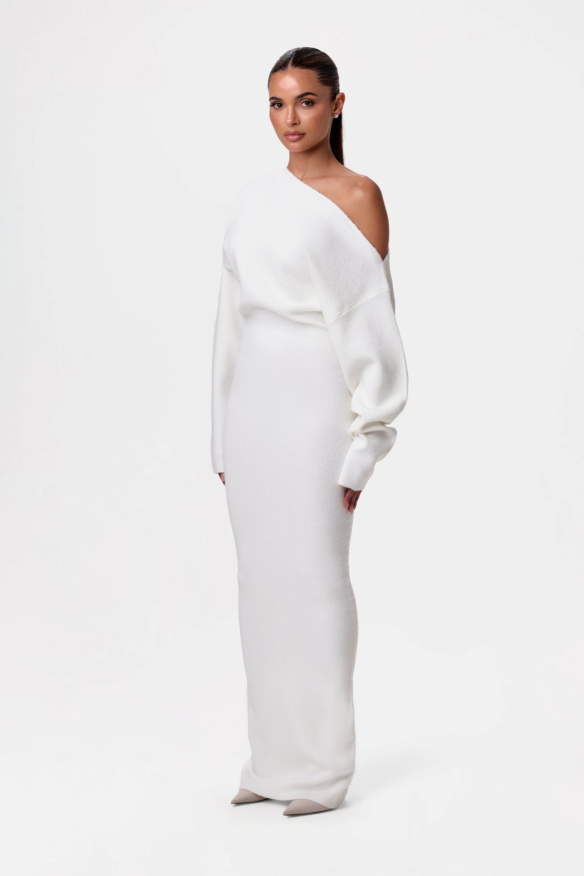 White Knit Off-Shoulder Sweater Maxi Dress