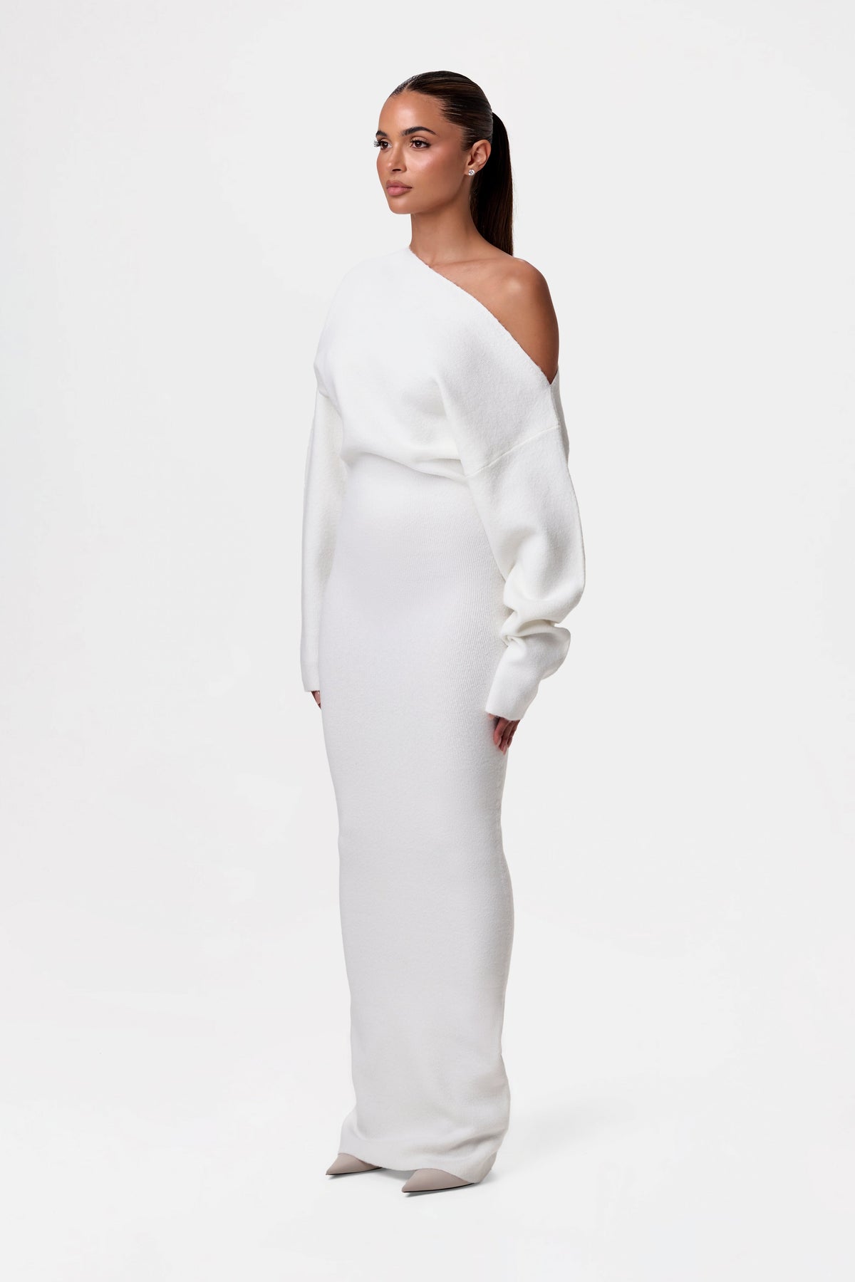 White Knit Off-Shoulder Sweater Maxi Dress