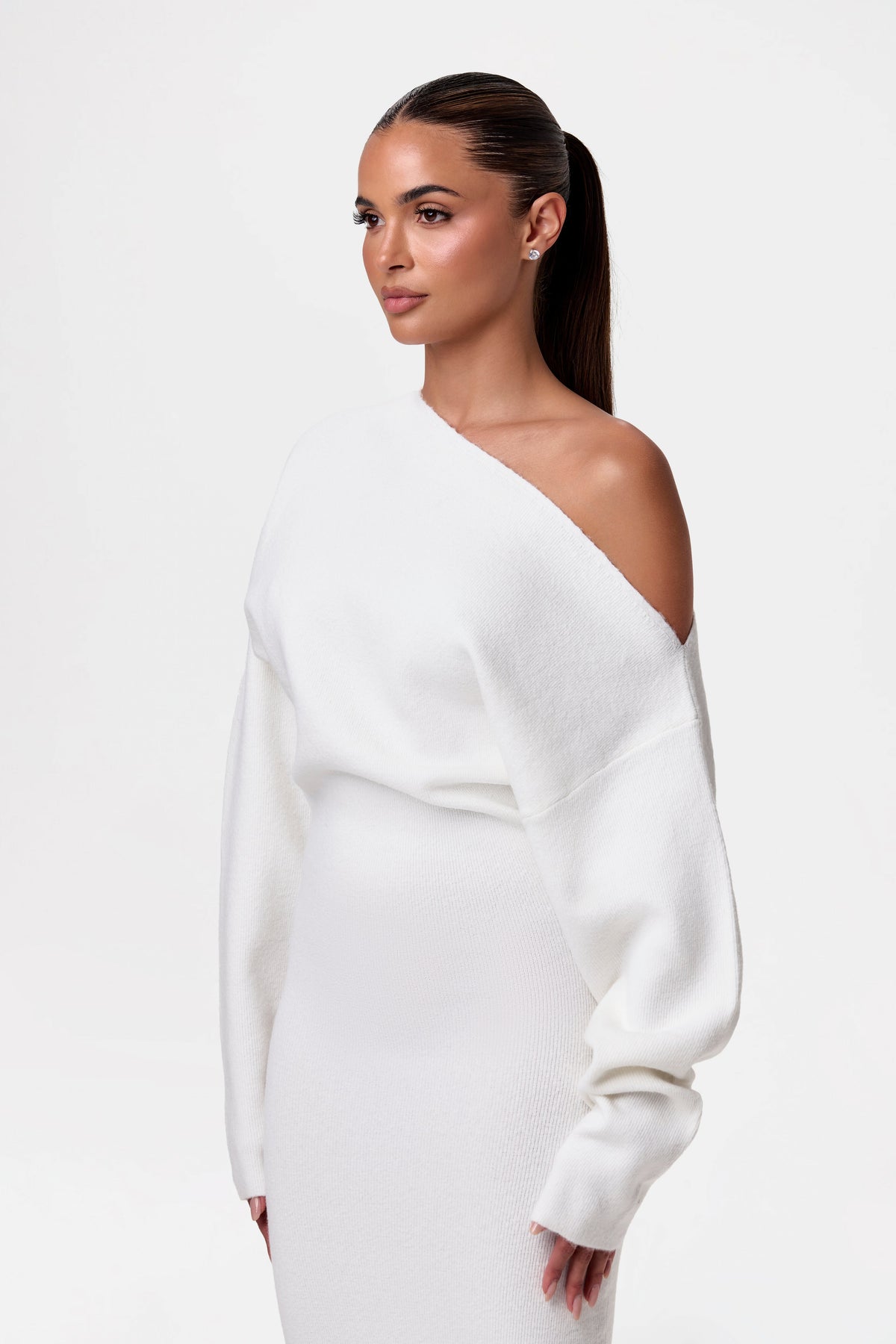White Knit Off-Shoulder Sweater Maxi Dress