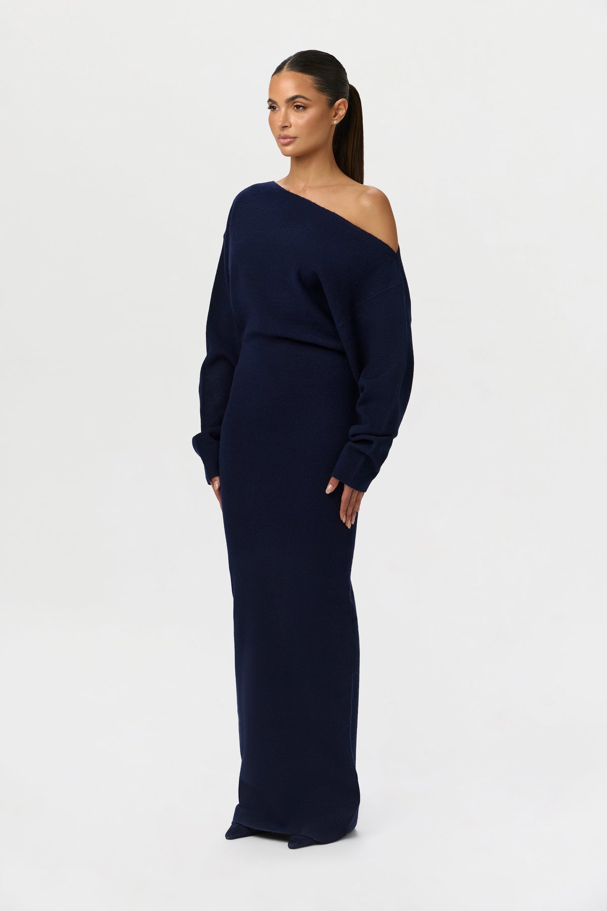 Navy Knit Off-Shoulder Sweater Maxi Dress