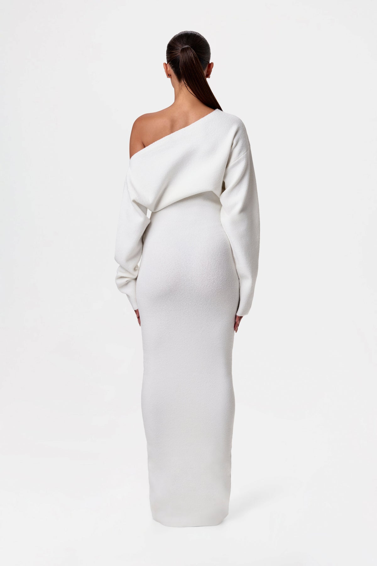 White Knit Off-Shoulder Sweater Maxi Dress