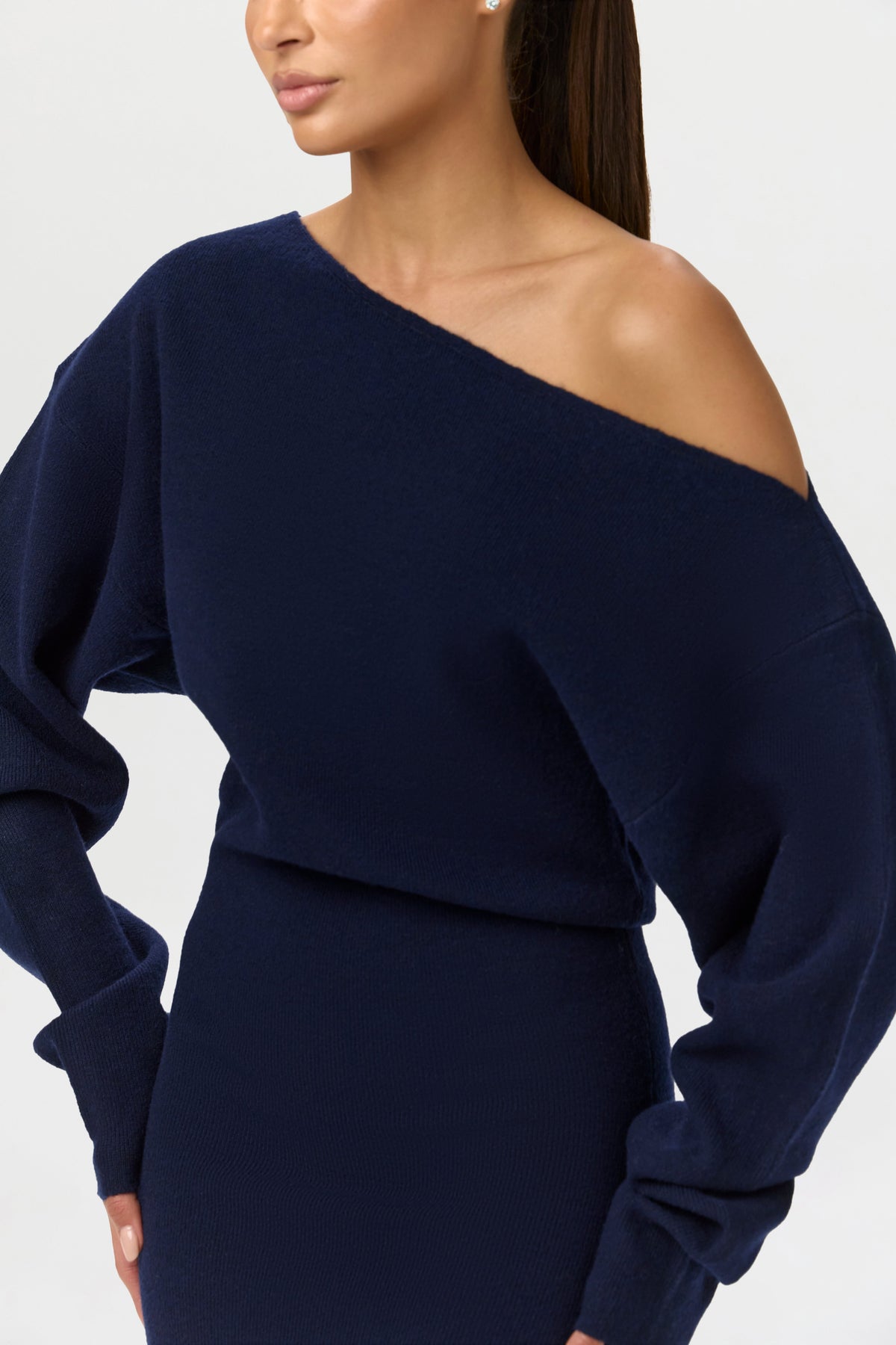 Navy Knit Off-Shoulder Sweater Maxi Dress