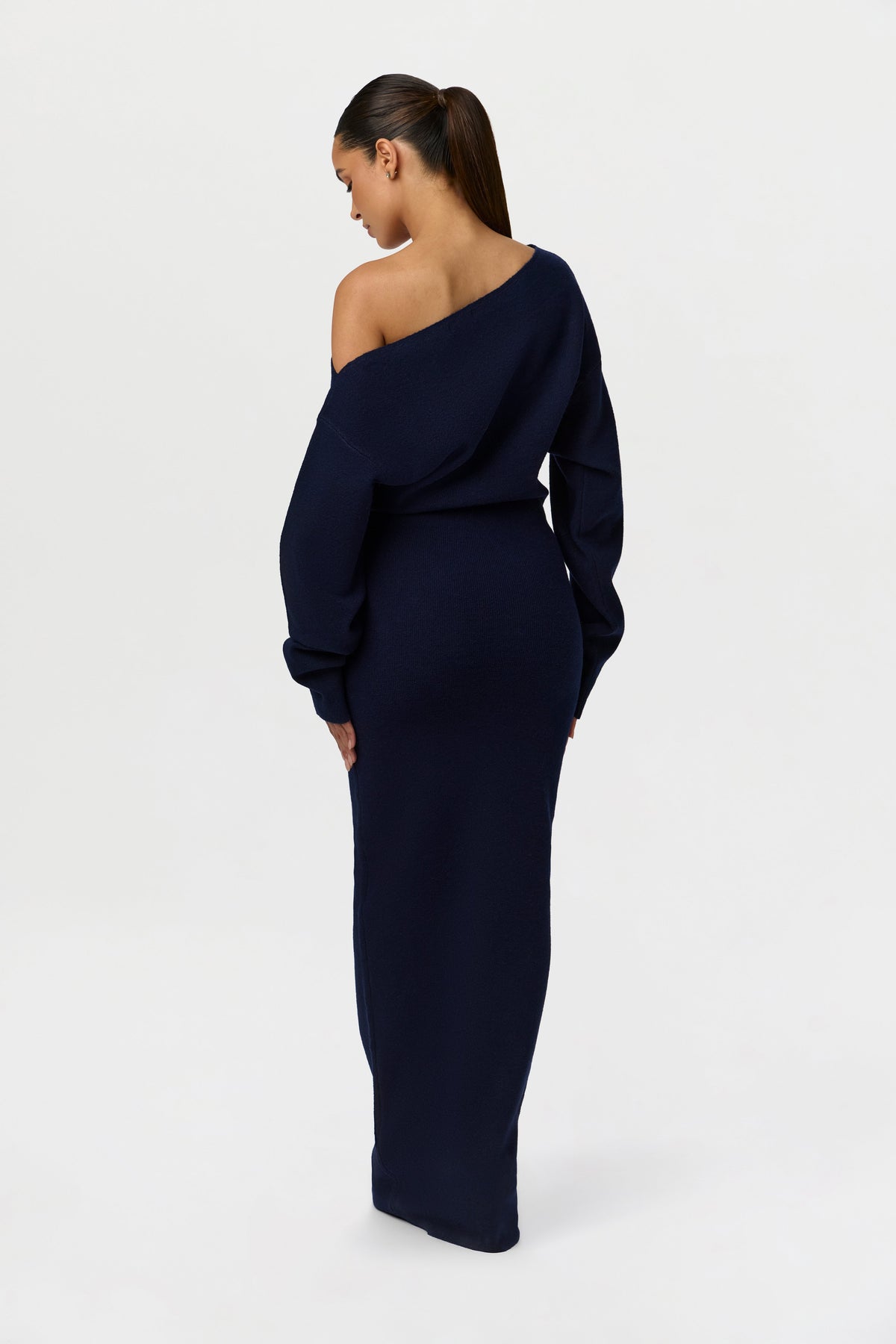 Navy Knit Off-Shoulder Sweater Maxi Dress