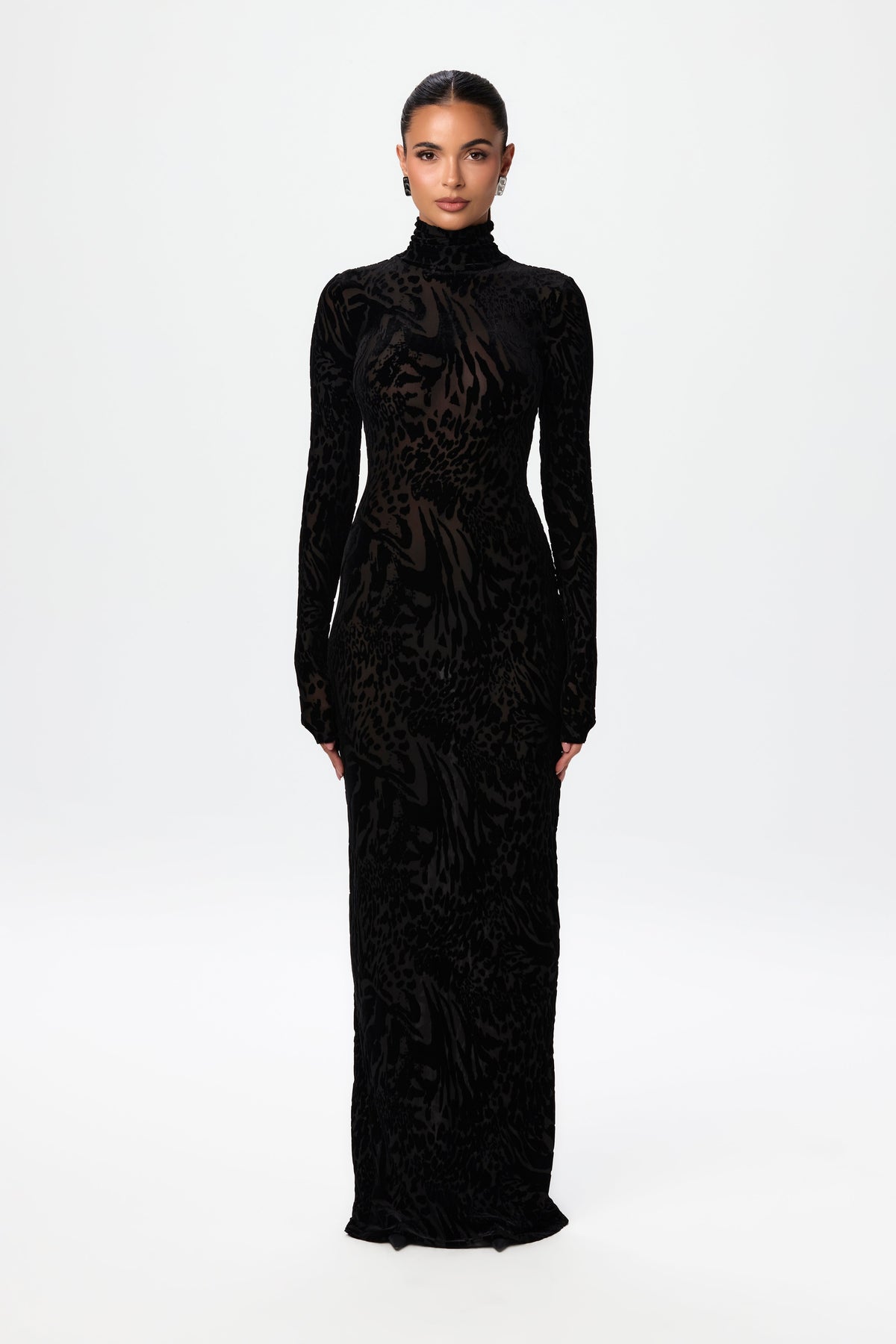 Abstract Leopard Black Burnout Longsleeve Maxi Dress