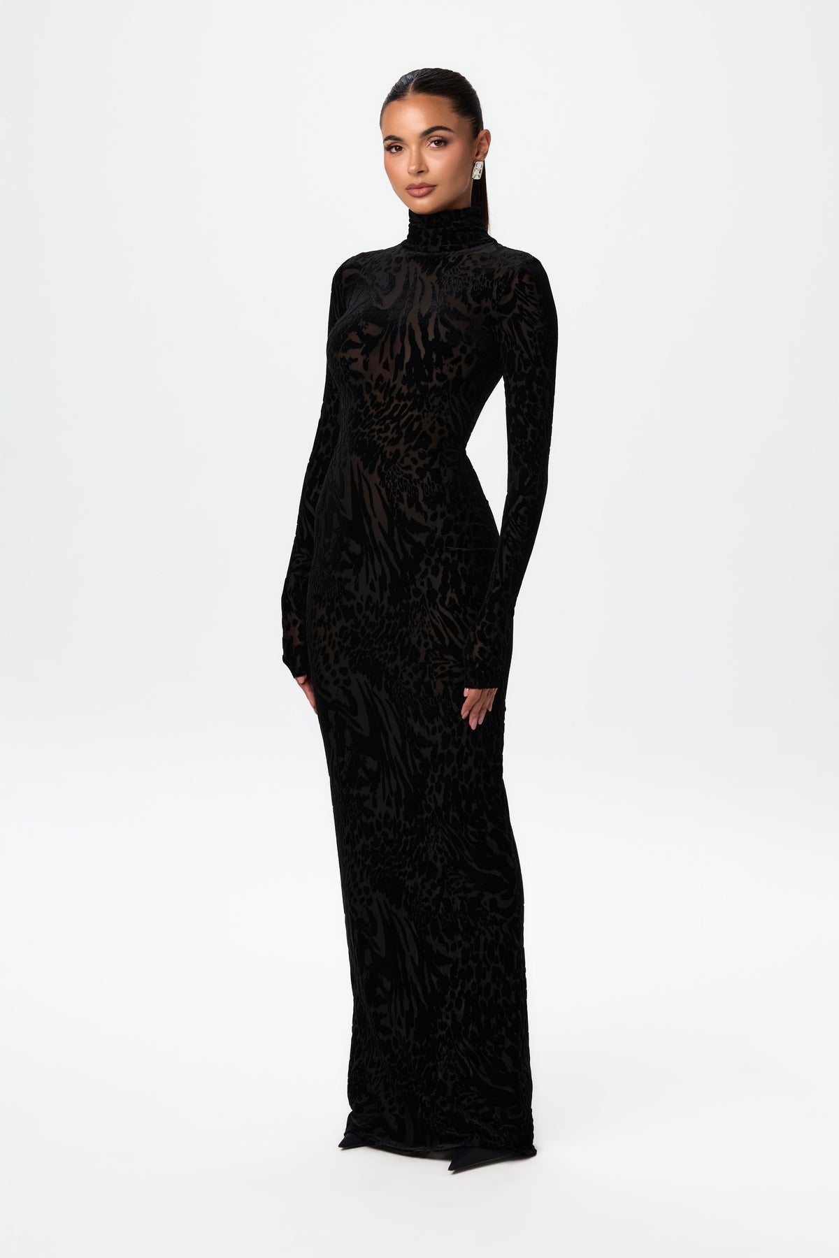 Abstract Leopard Black Burnout Longsleeve Maxi Dress