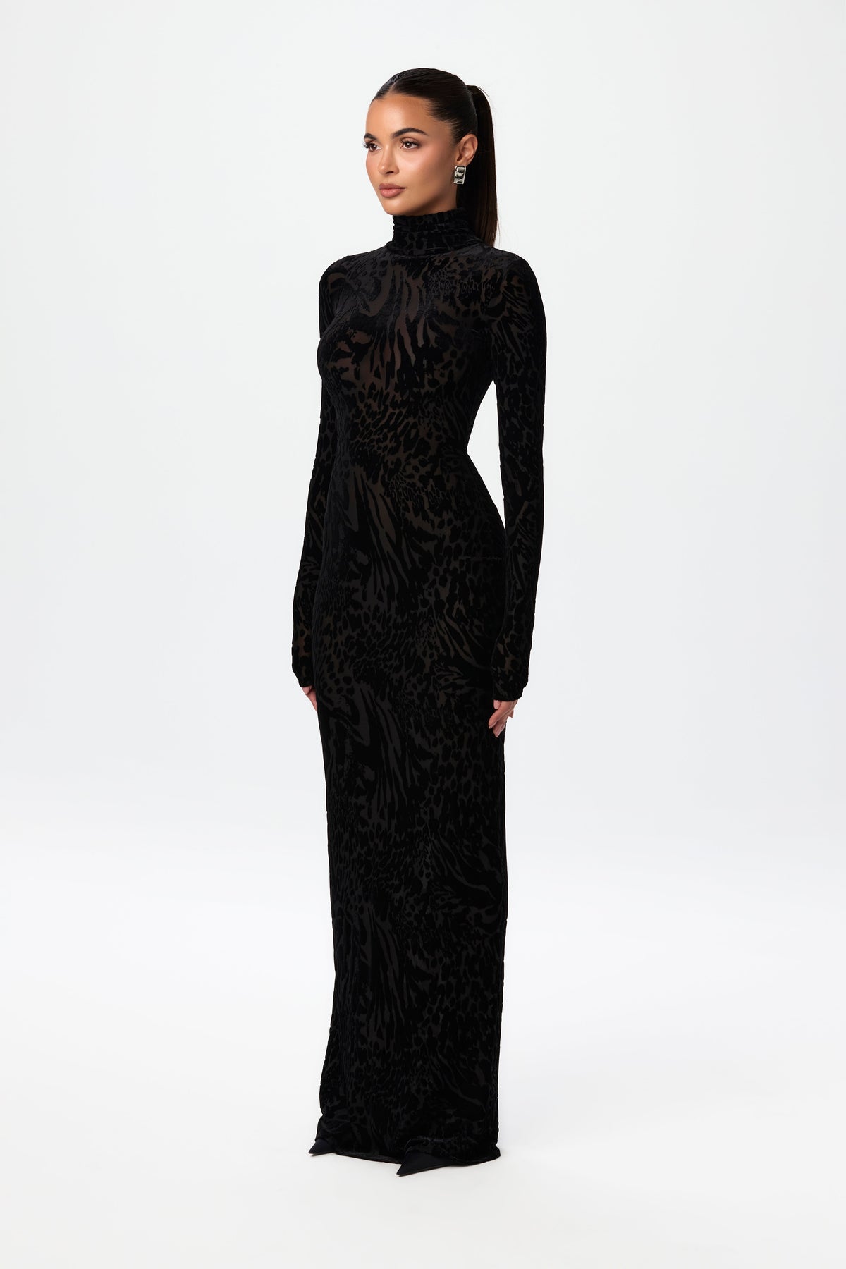 Abstract Leopard Black Burnout Longsleeve Maxi Dress