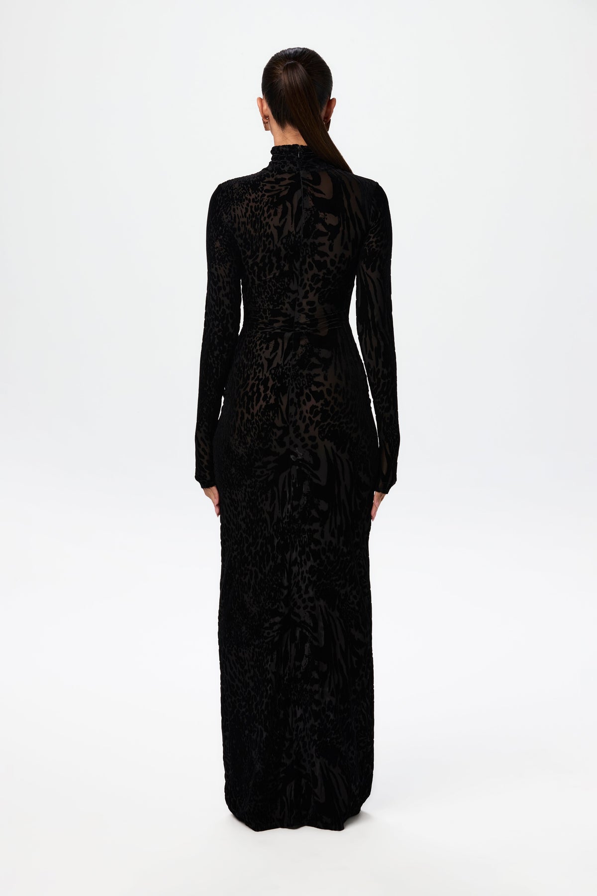 Abstract Leopard Black Burnout Longsleeve Maxi Dress