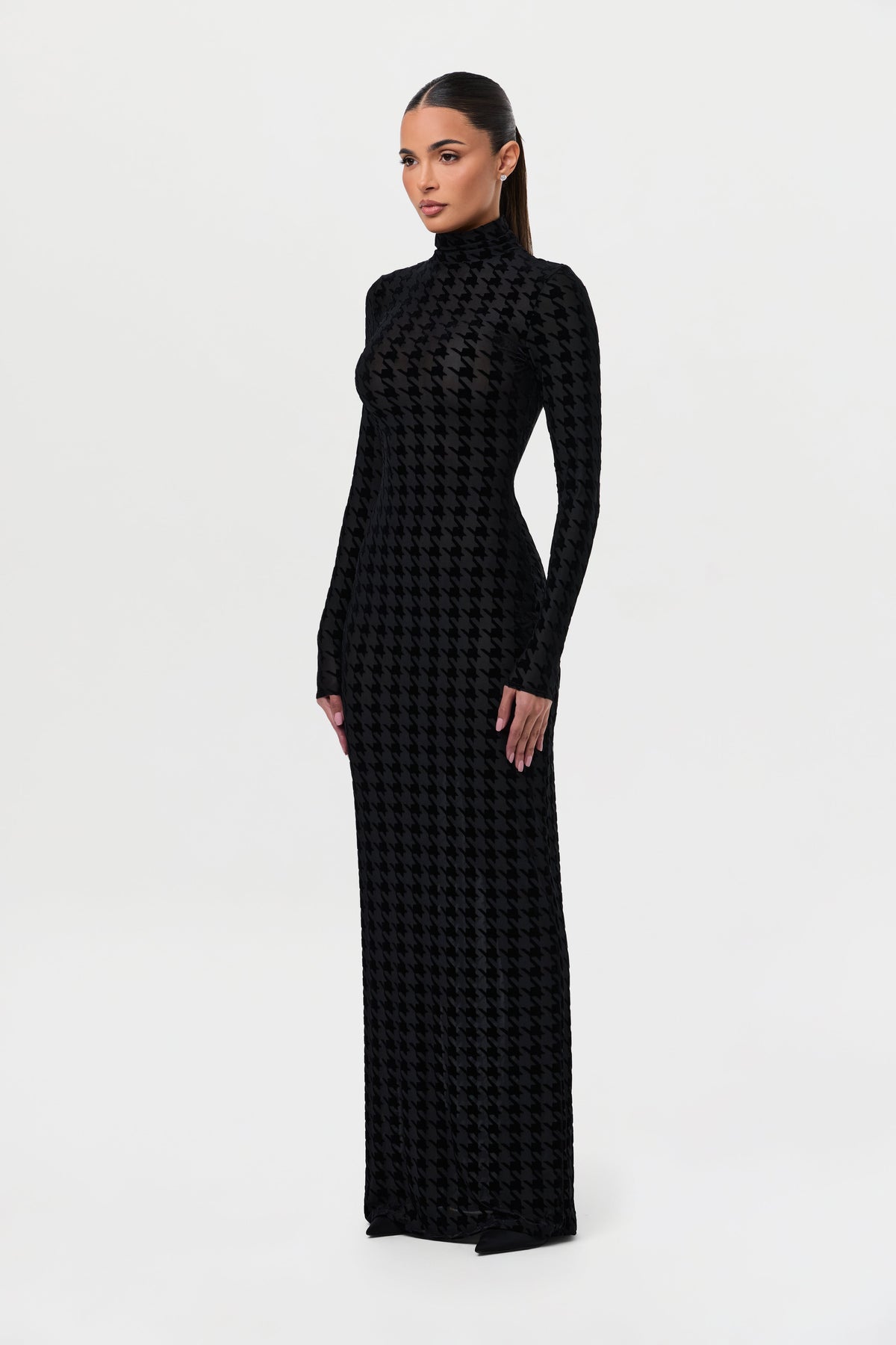 Black Houndstooth Burnout Longsleeve Maxi Dress