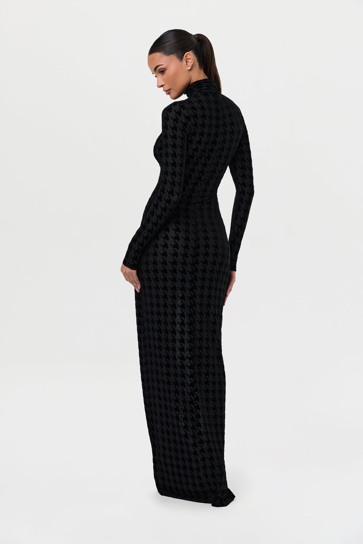 Black Houndstooth Burnout Longsleeve Maxi Dress