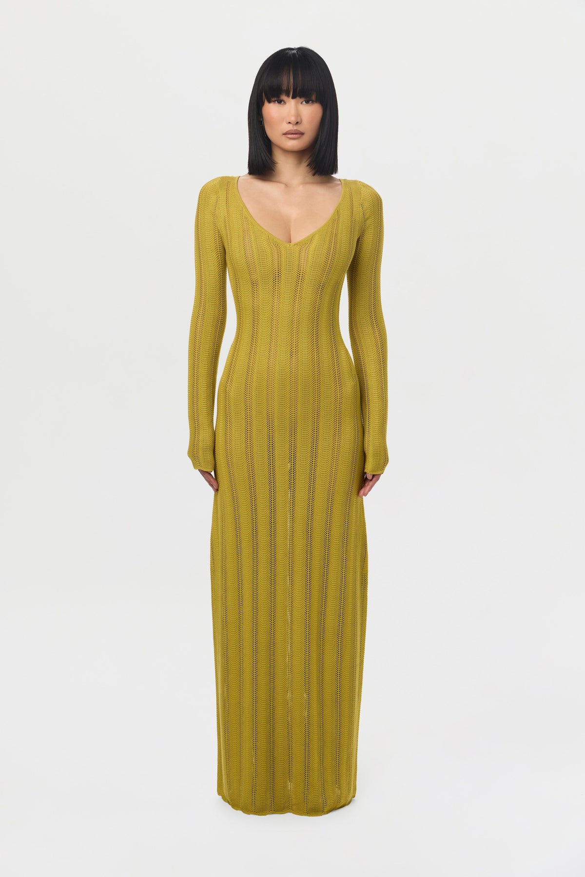 Chartreuse Knit V-Neck Maxi Dress