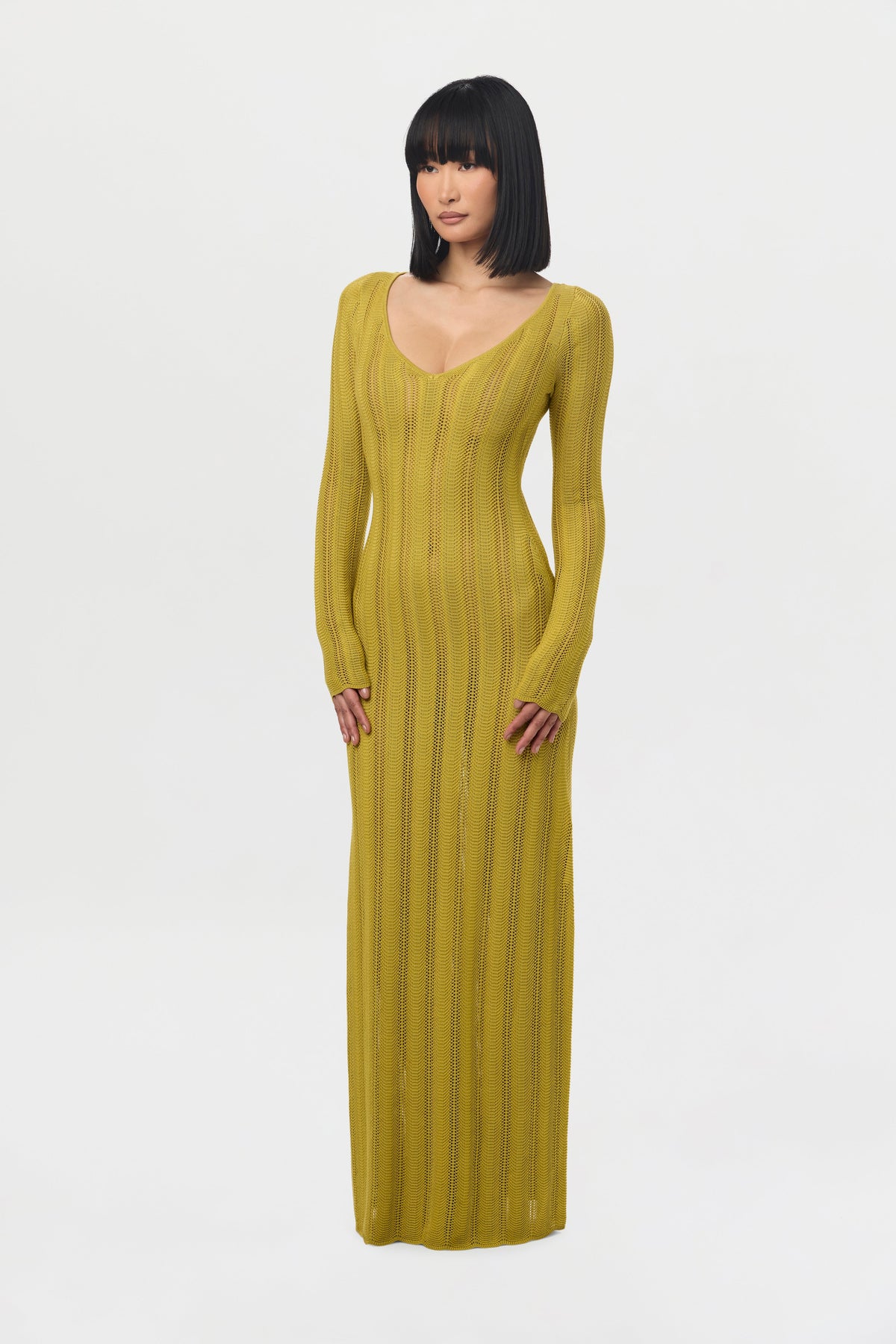 Chartreuse Knit V-Neck Maxi Dress