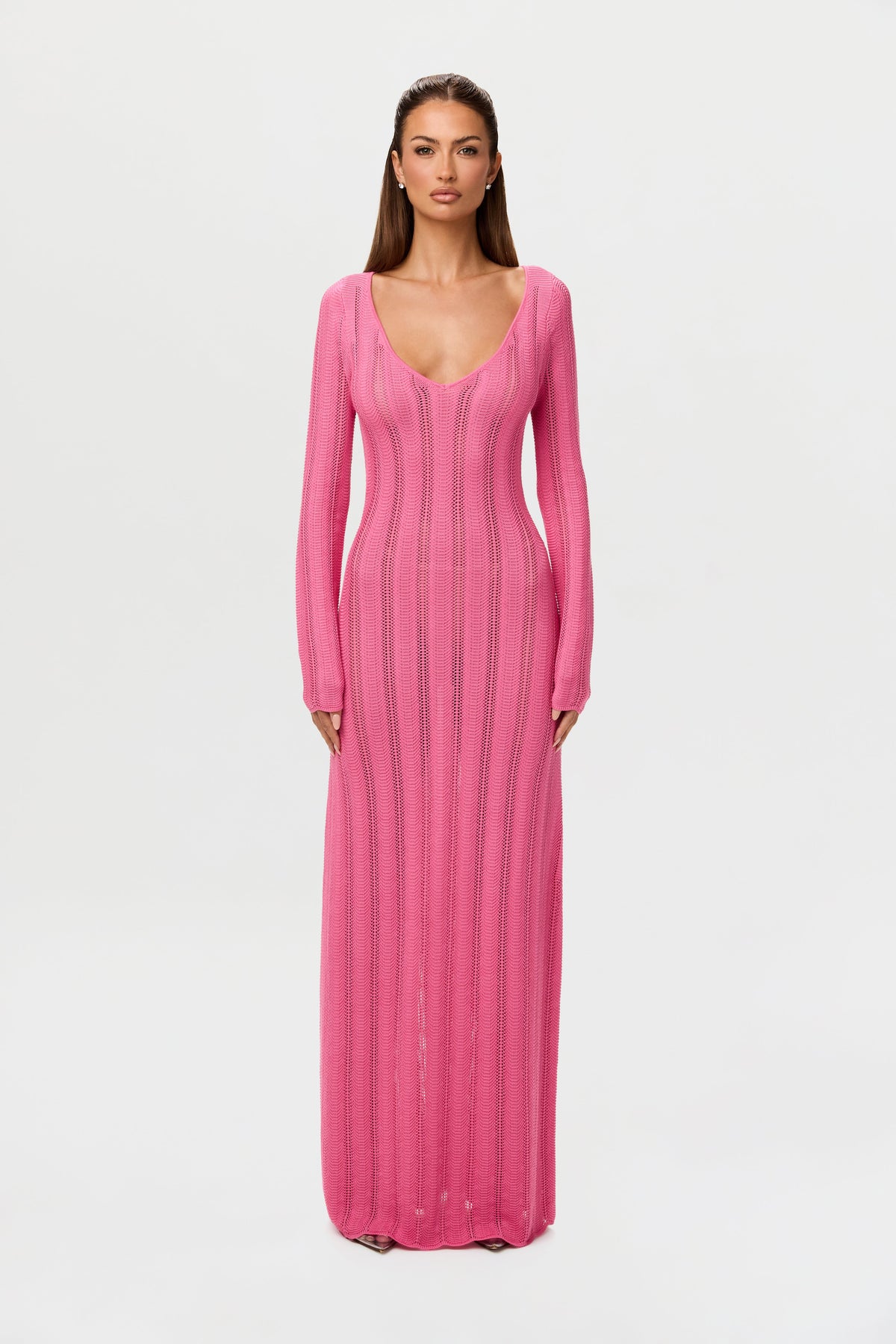 Pink Knit V-Neck Maxi Dress