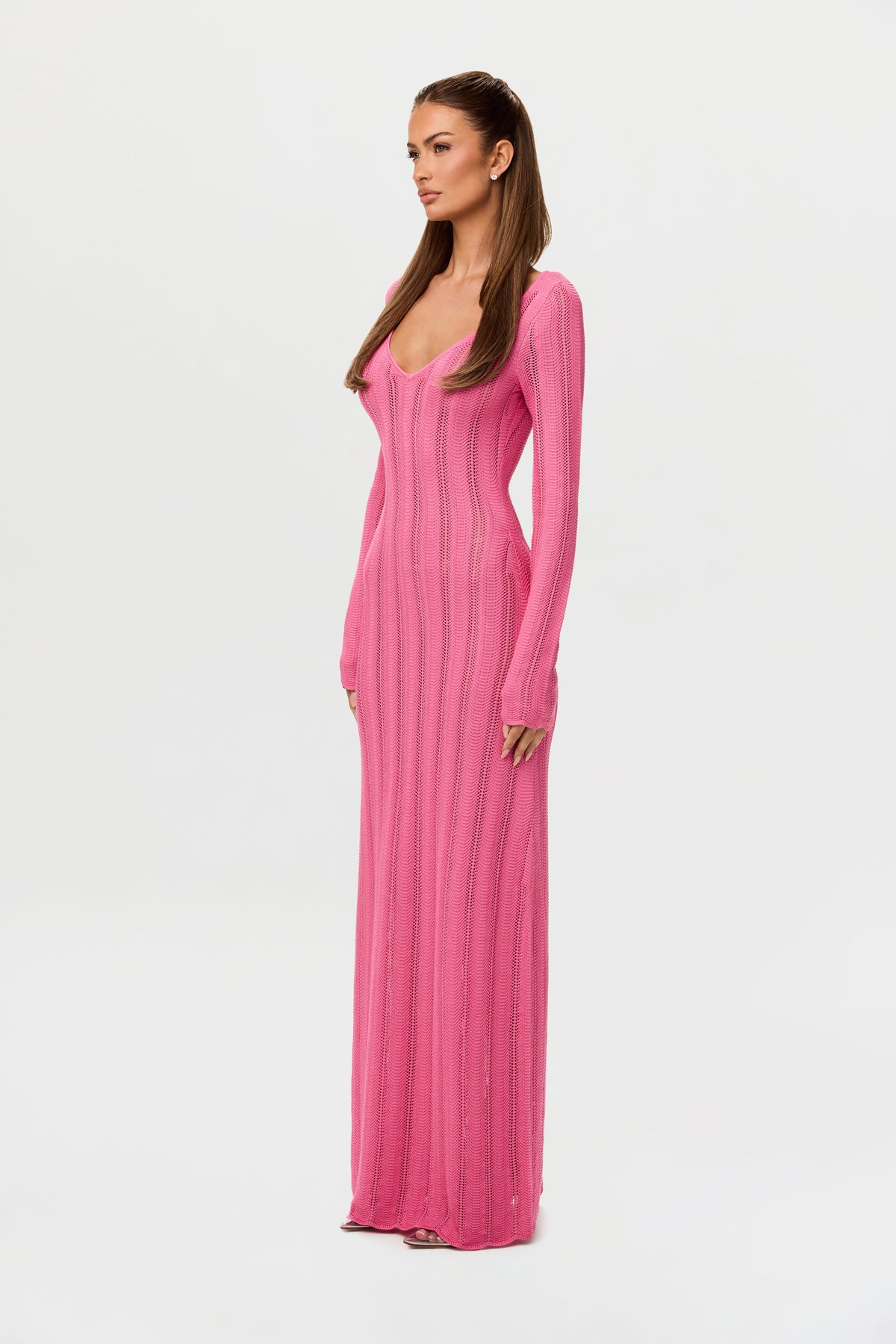 Pink Knit V-Neck Maxi Dress