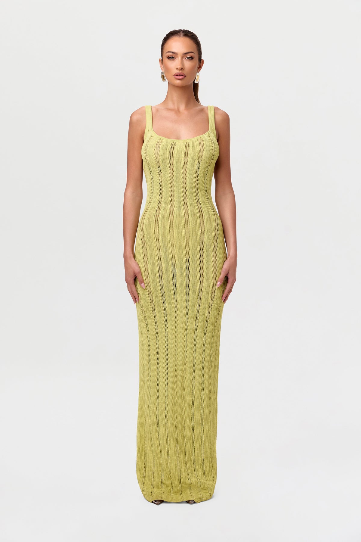 Chartreuse Knit Open Back Maxi Dress