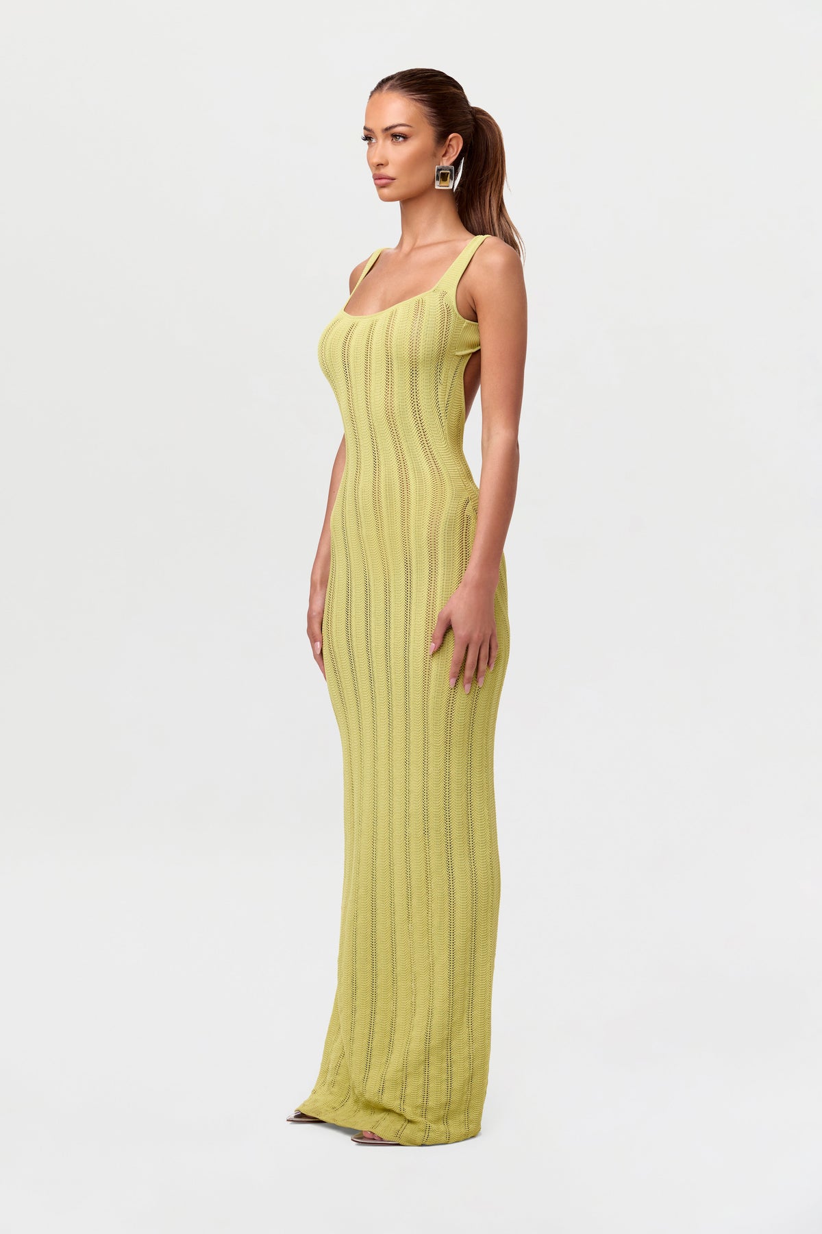 Chartreuse Knit Open Back Maxi Dress