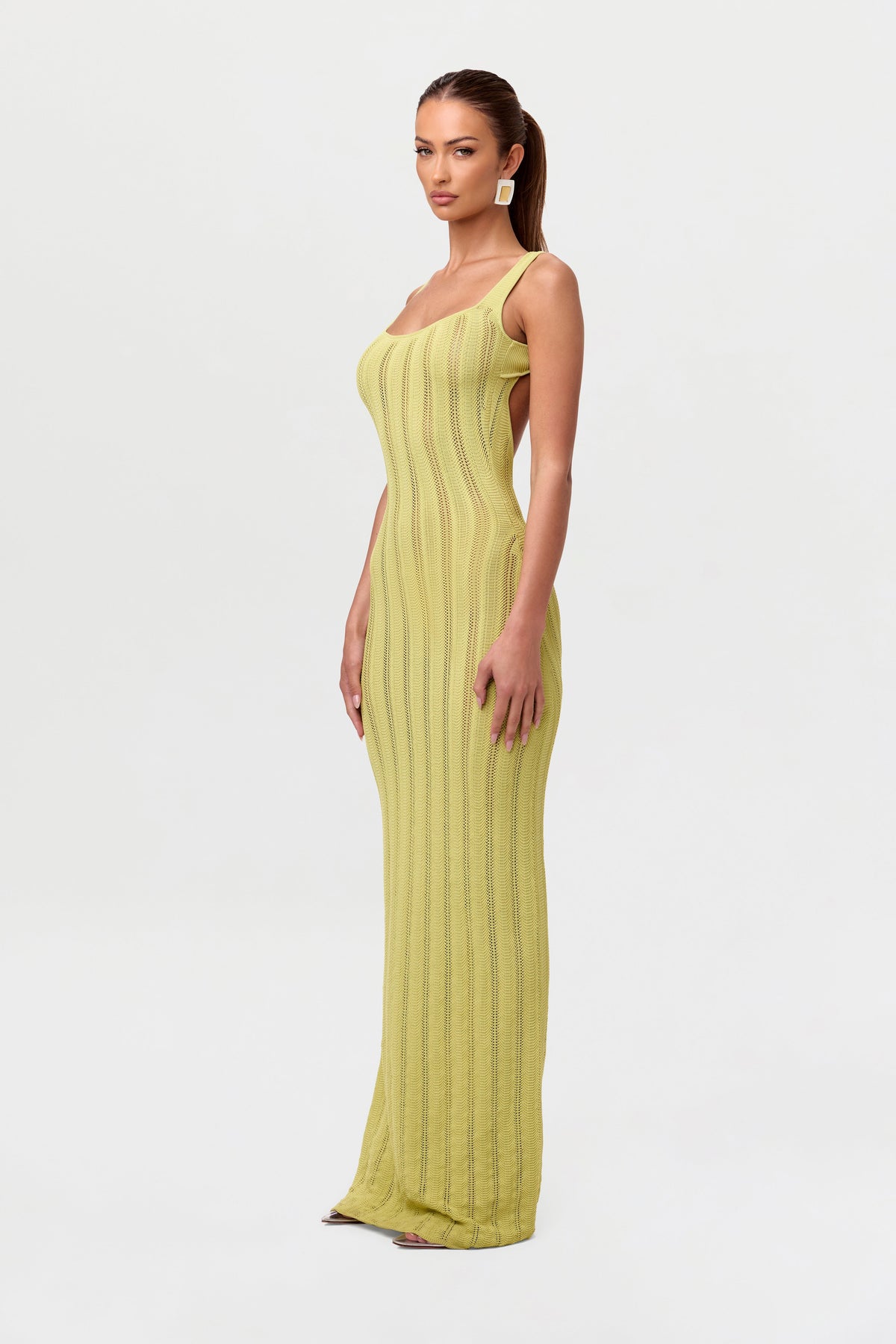 Chartreuse Knit Open Back Maxi Dress