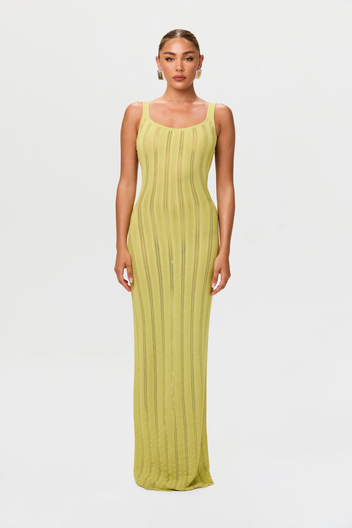 Chartreuse Knit Open Back Maxi Dress