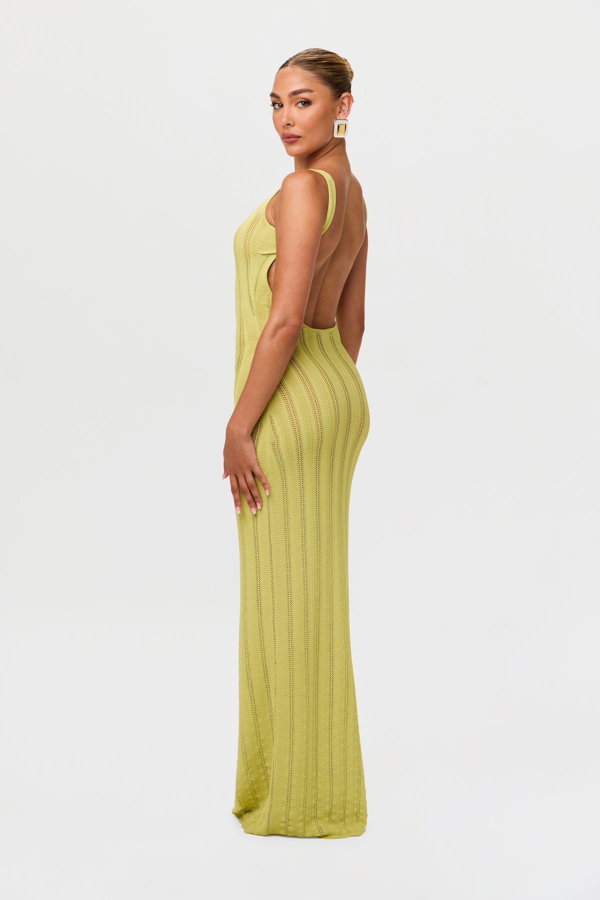 Chartreuse Knit Open Back Maxi Dress