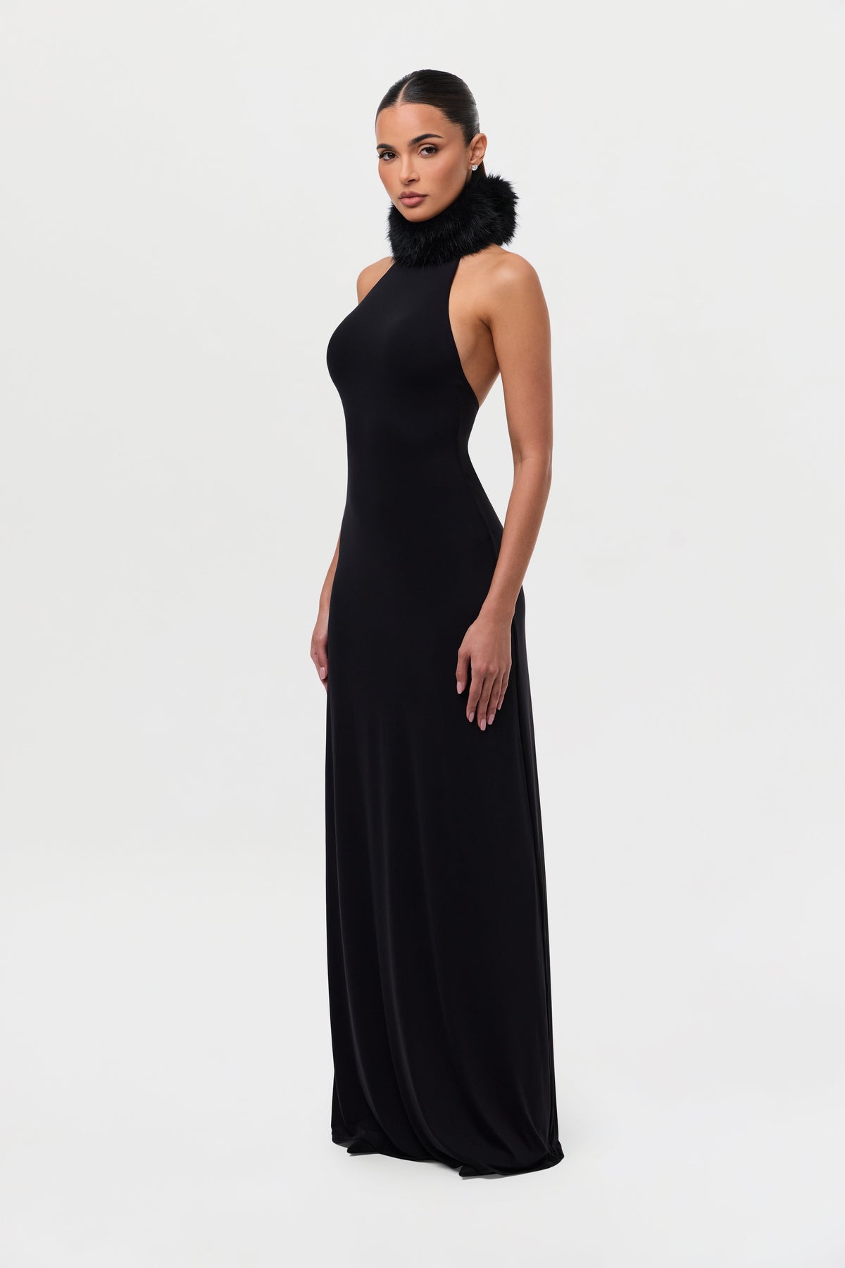 Black Naked Maxi Dress W/ Fur Collar
