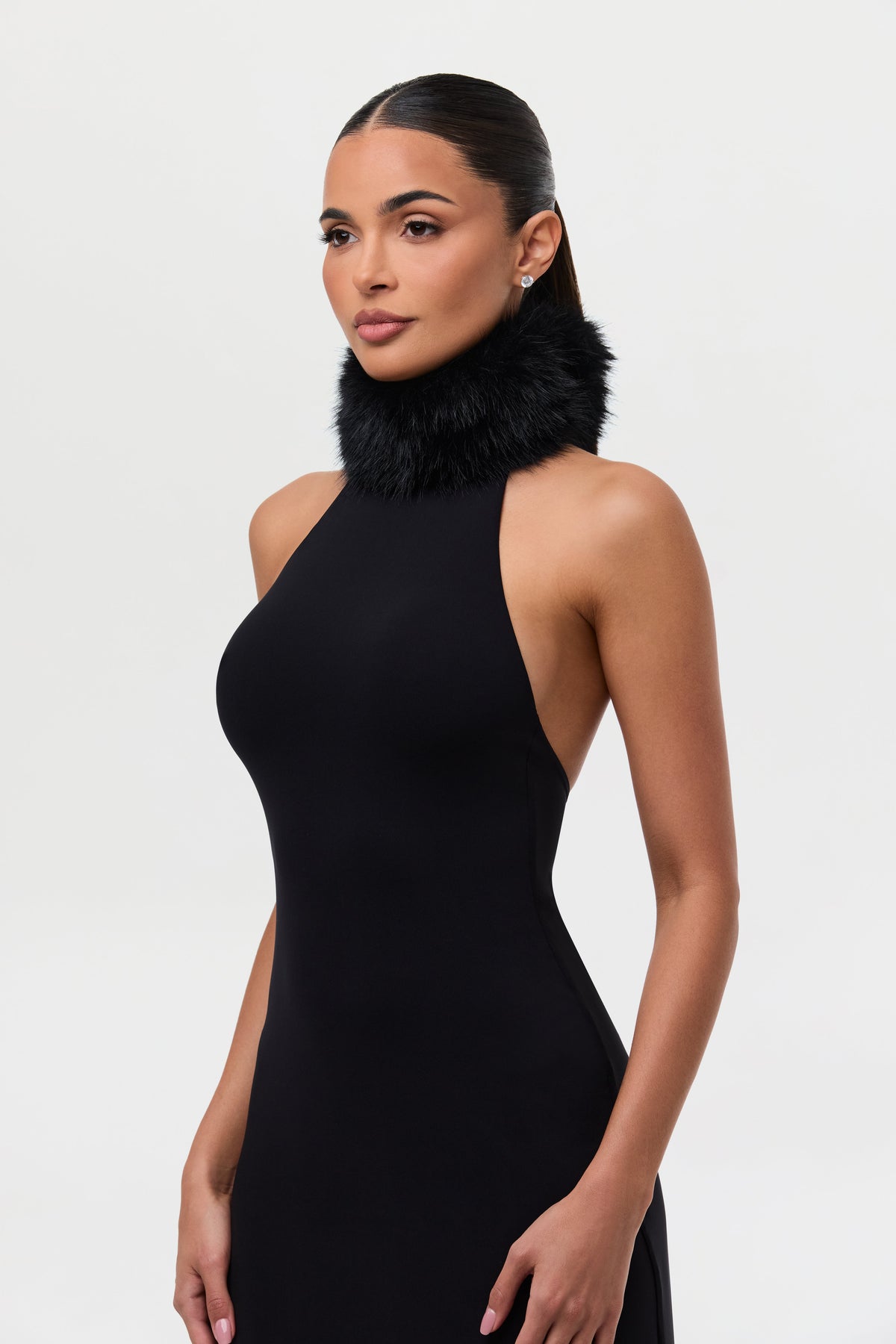 Black Naked Maxi Dress W/ Fur Collar