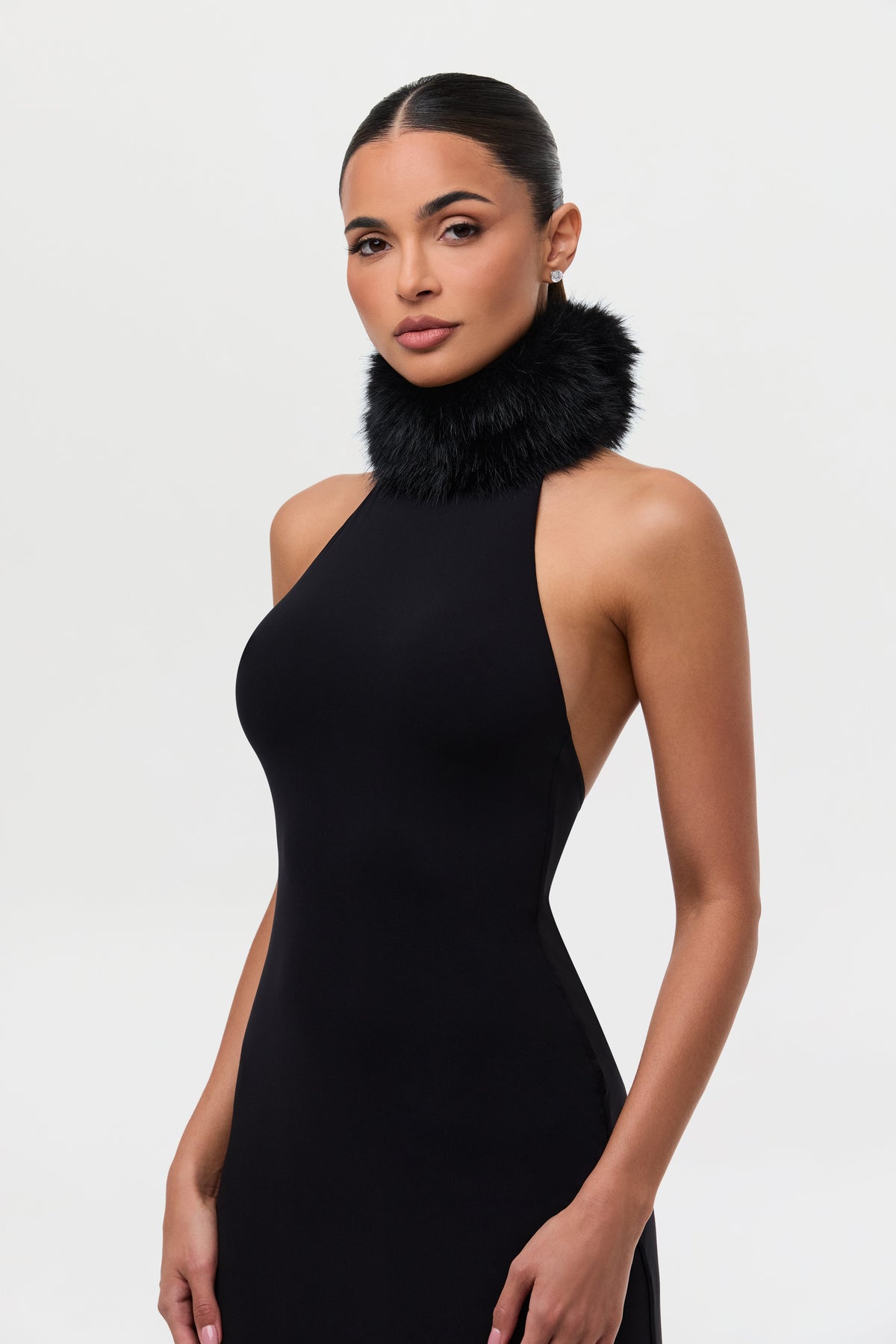 Black Naked Maxi Dress W/ Fur Collar
