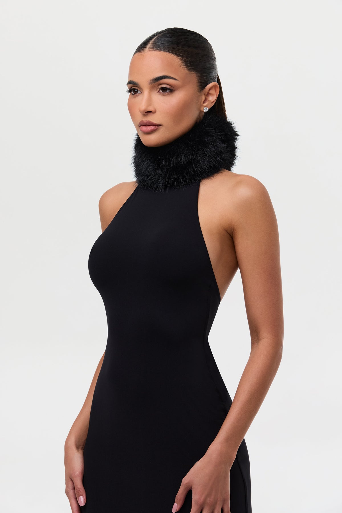 Black Naked Maxi Dress W/ Fur Collar