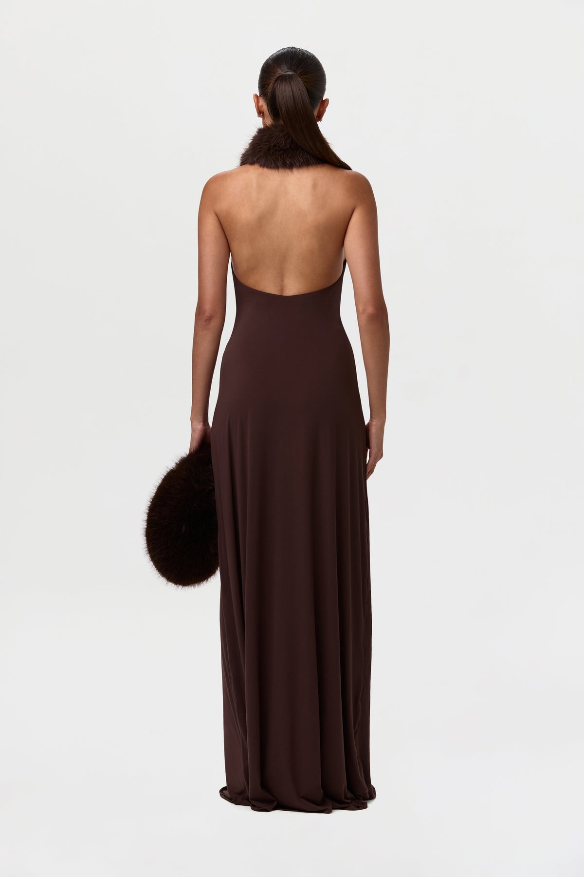 Dark Chocolate Naked Maxi Dress W/ Fur Collar