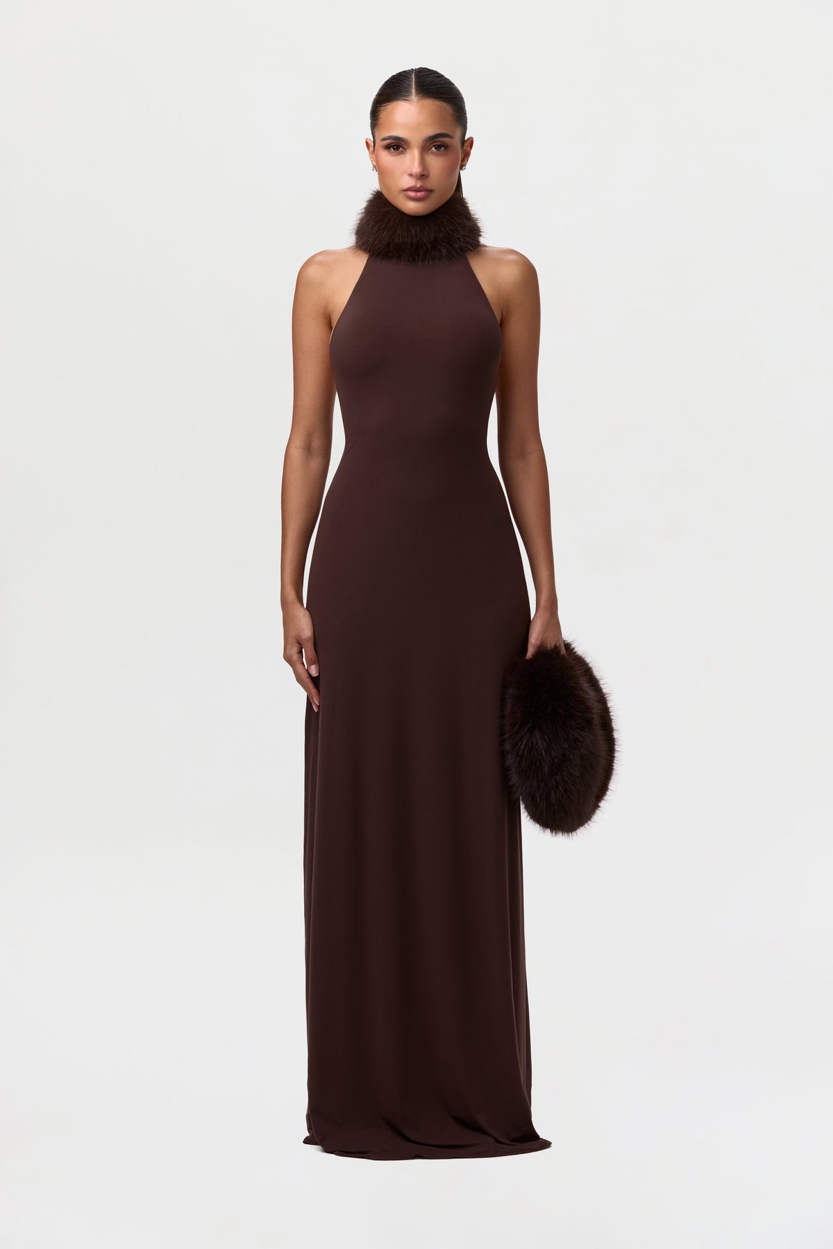 Dark Chocolate Naked Maxi Dress W/ Fur Collar