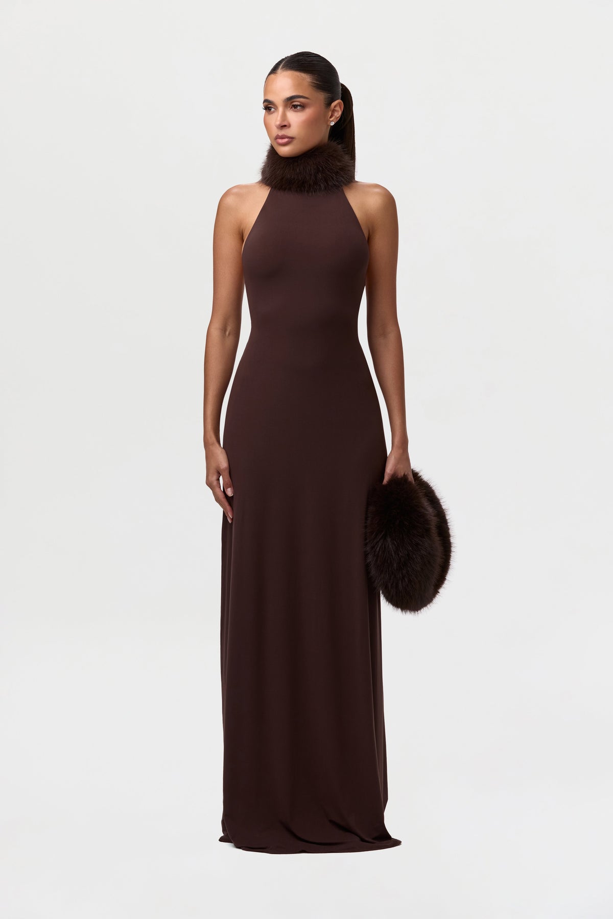 Dark Chocolate Naked Maxi Dress W/ Fur Collar
