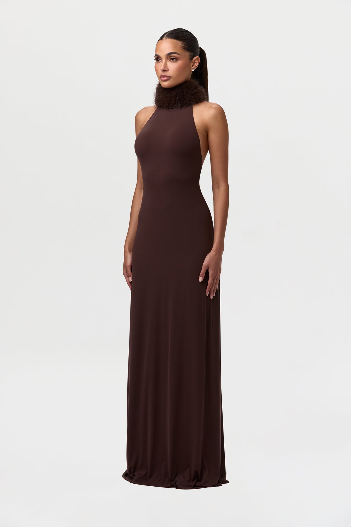Dark Chocolate Naked Maxi Dress W/ Fur Collar