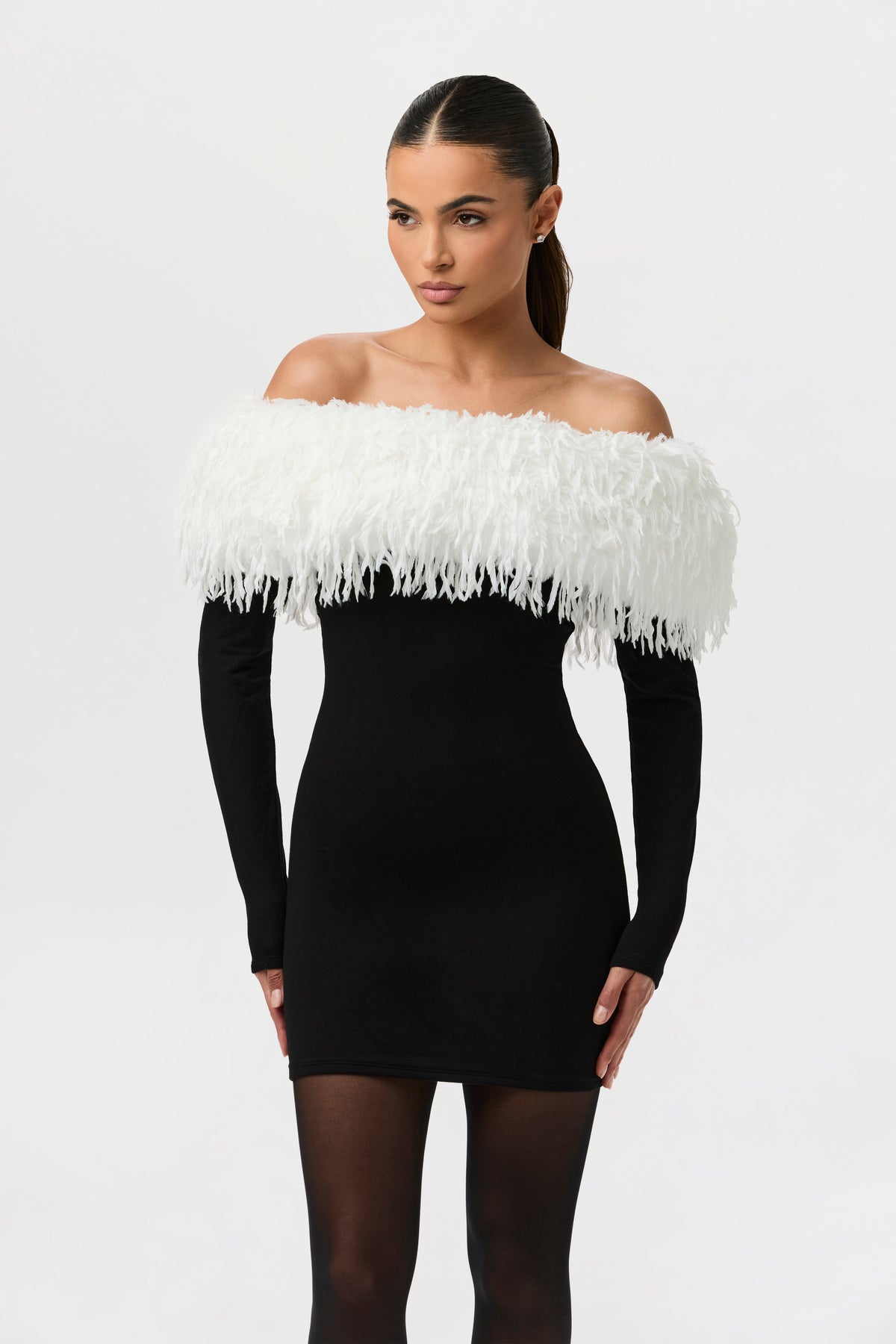 Black White Butter Off-Shoulder Feather Dress