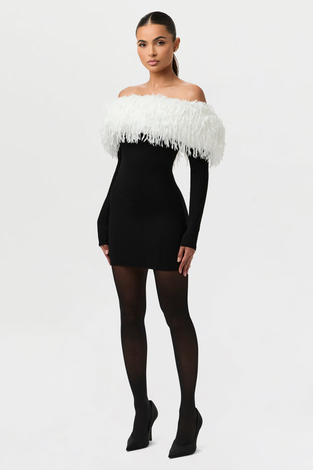 Butter Off-Shoulder Feather Dress