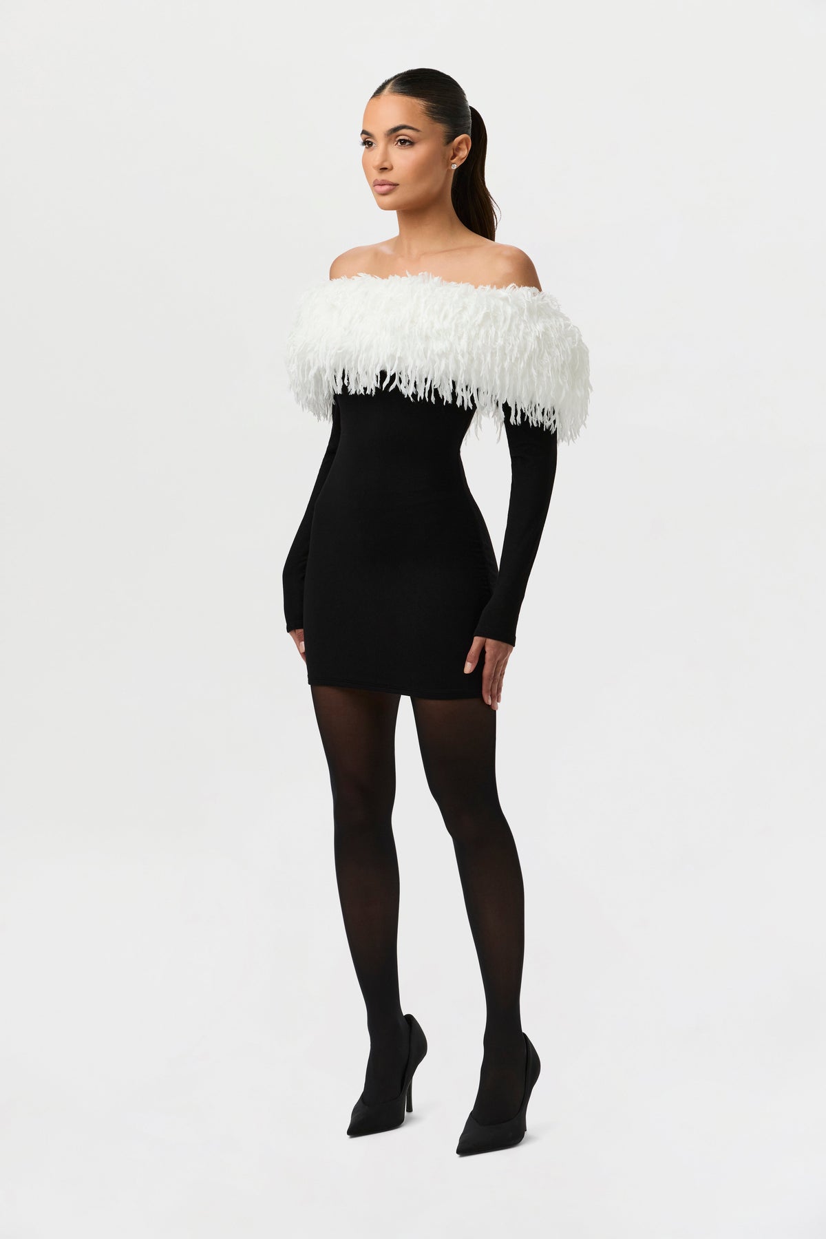 Black White Butter Off-Shoulder Feather Dress