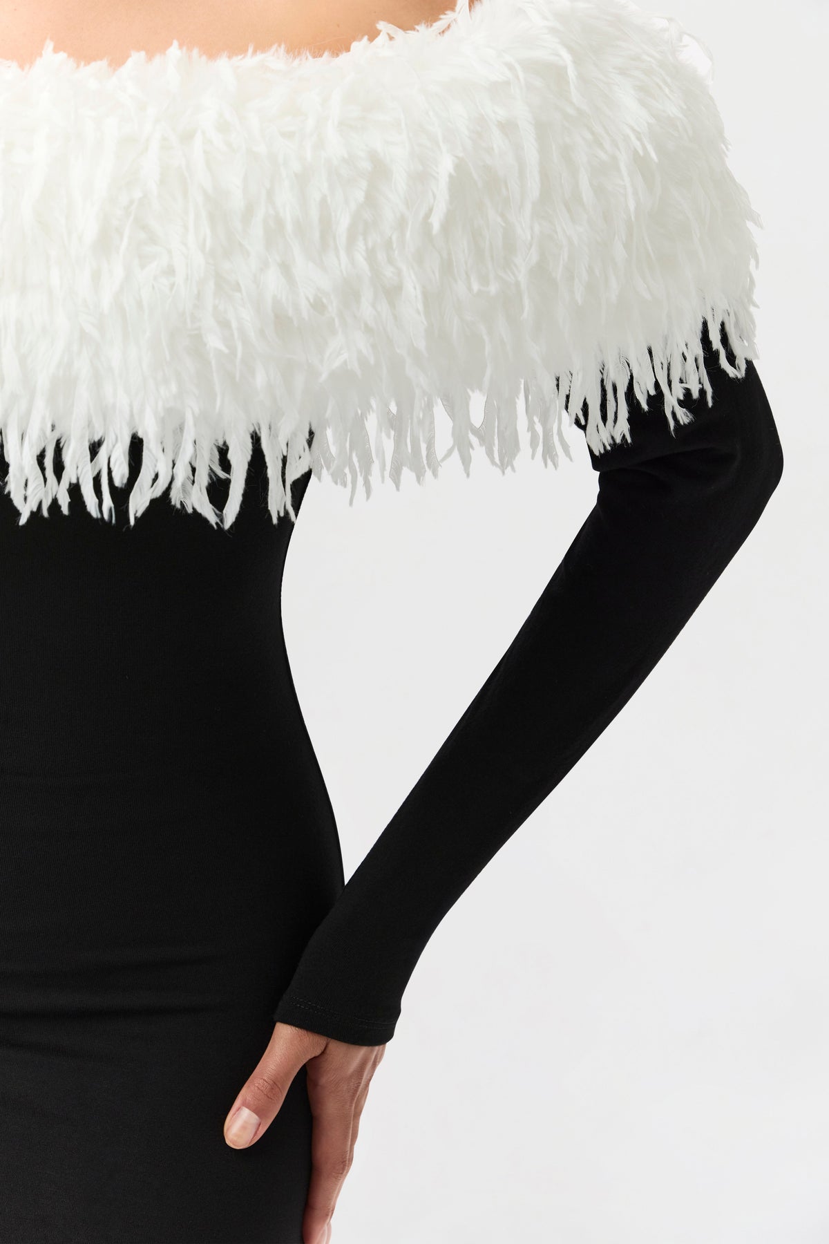 Black White Butter Off-Shoulder Feather Dress
