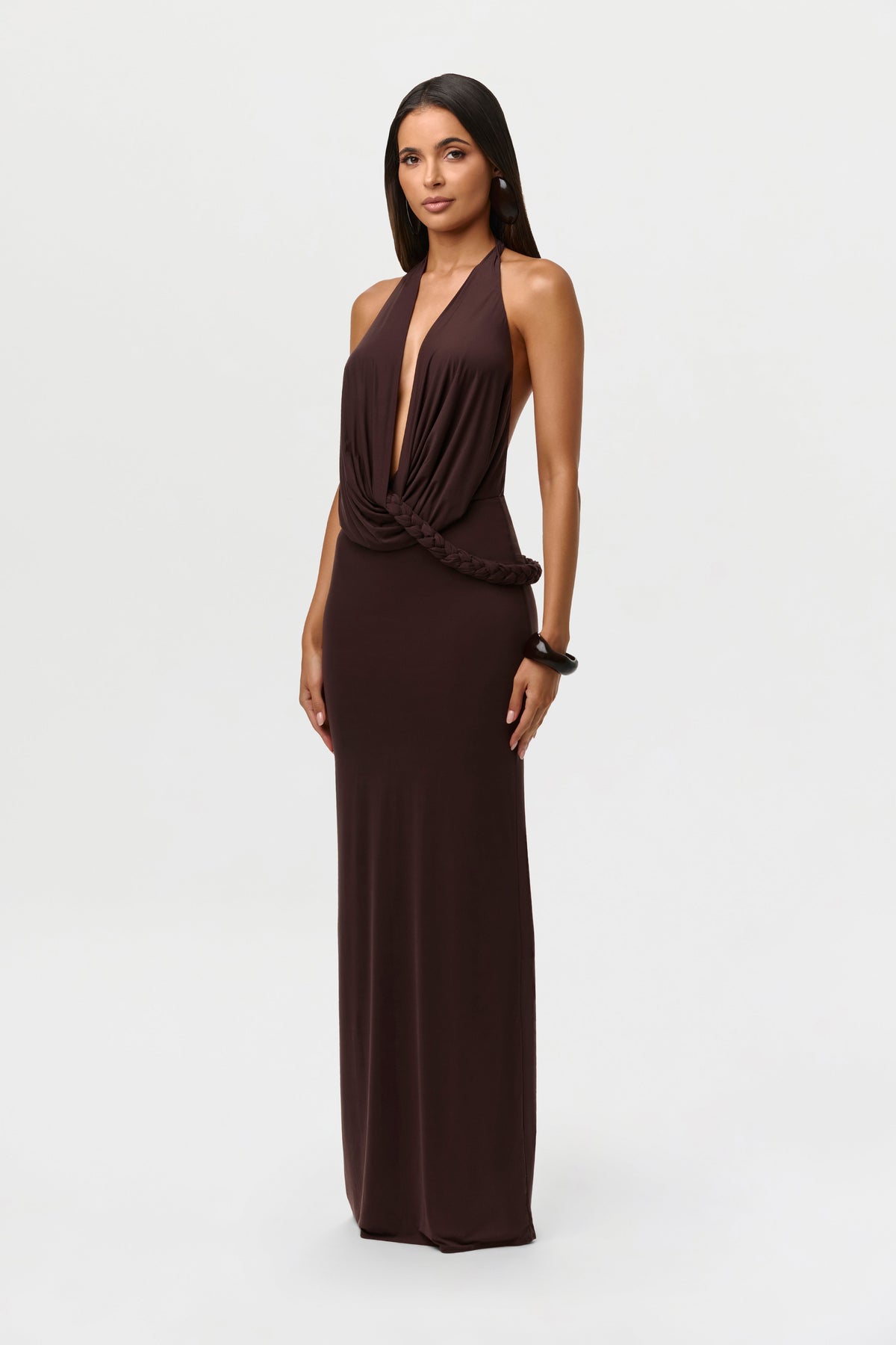 Dark Chocolate Naked Halter Braid Maxi Dress