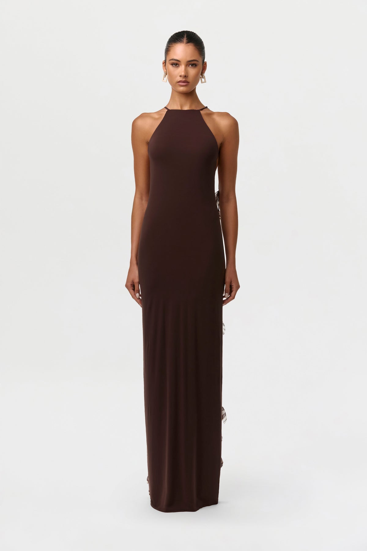 Dark Chocolate Naked Open Back Petal Dress