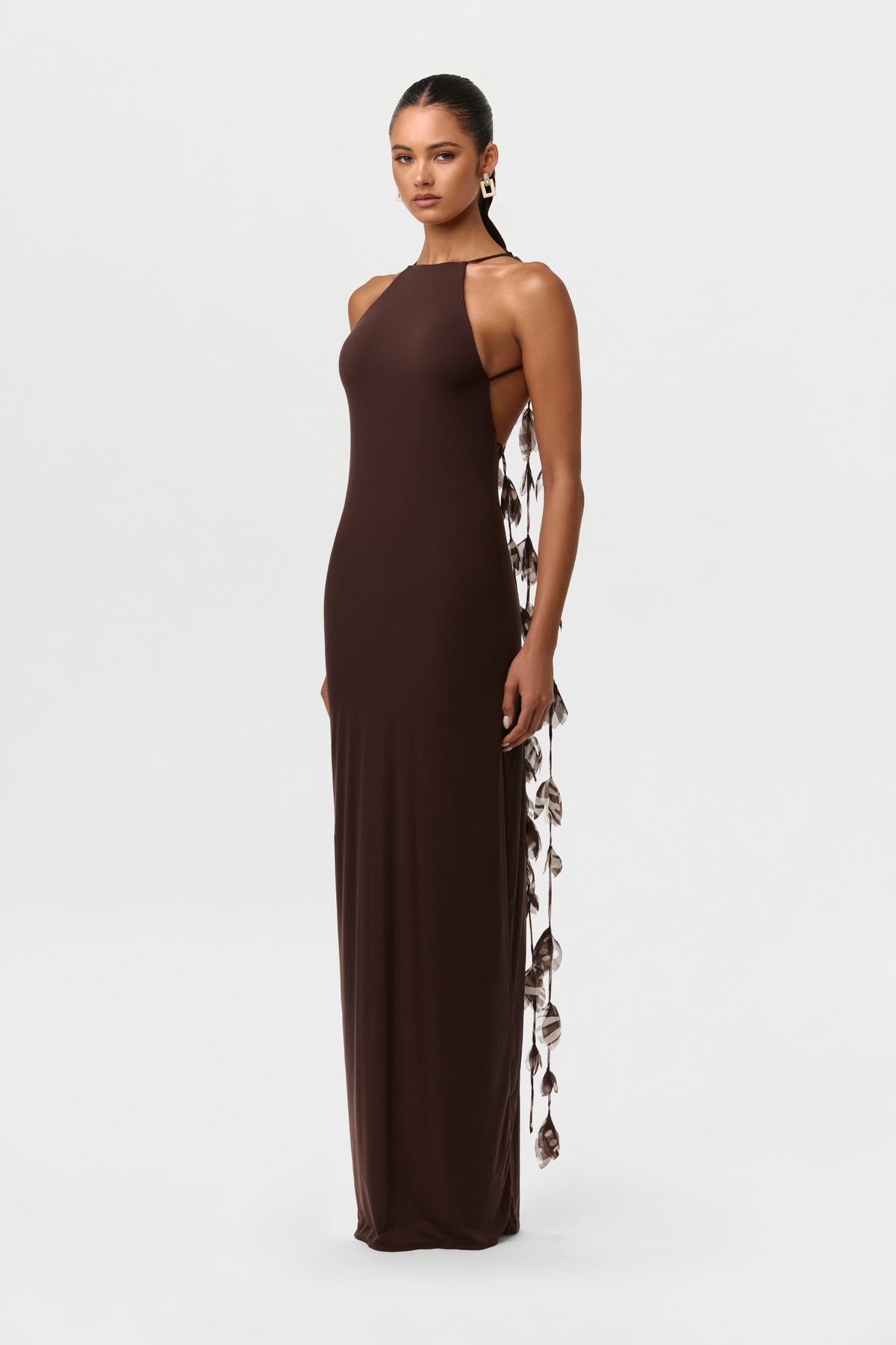 Dark Chocolate Naked Open Back Petal Dress