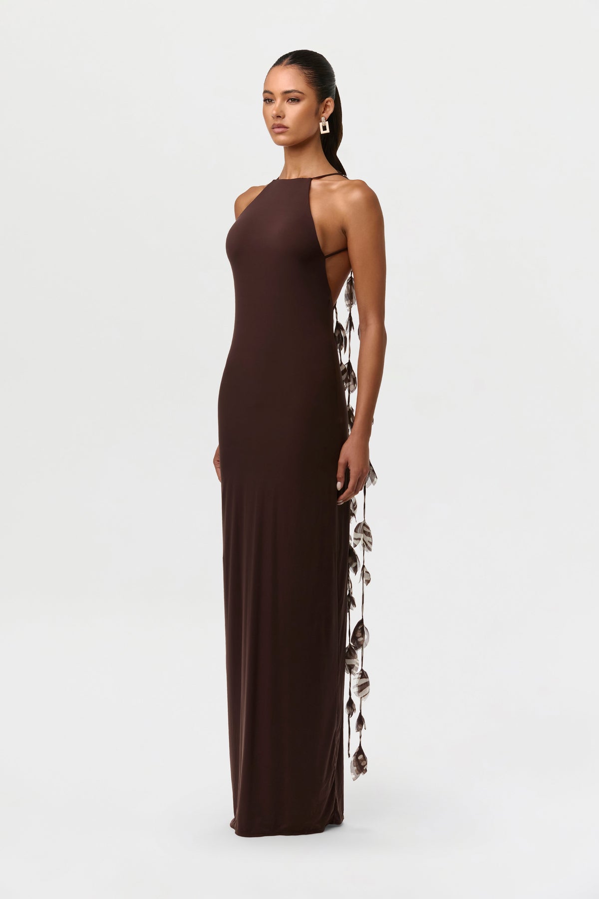 Dark Chocolate Naked Open Back Petal Dress