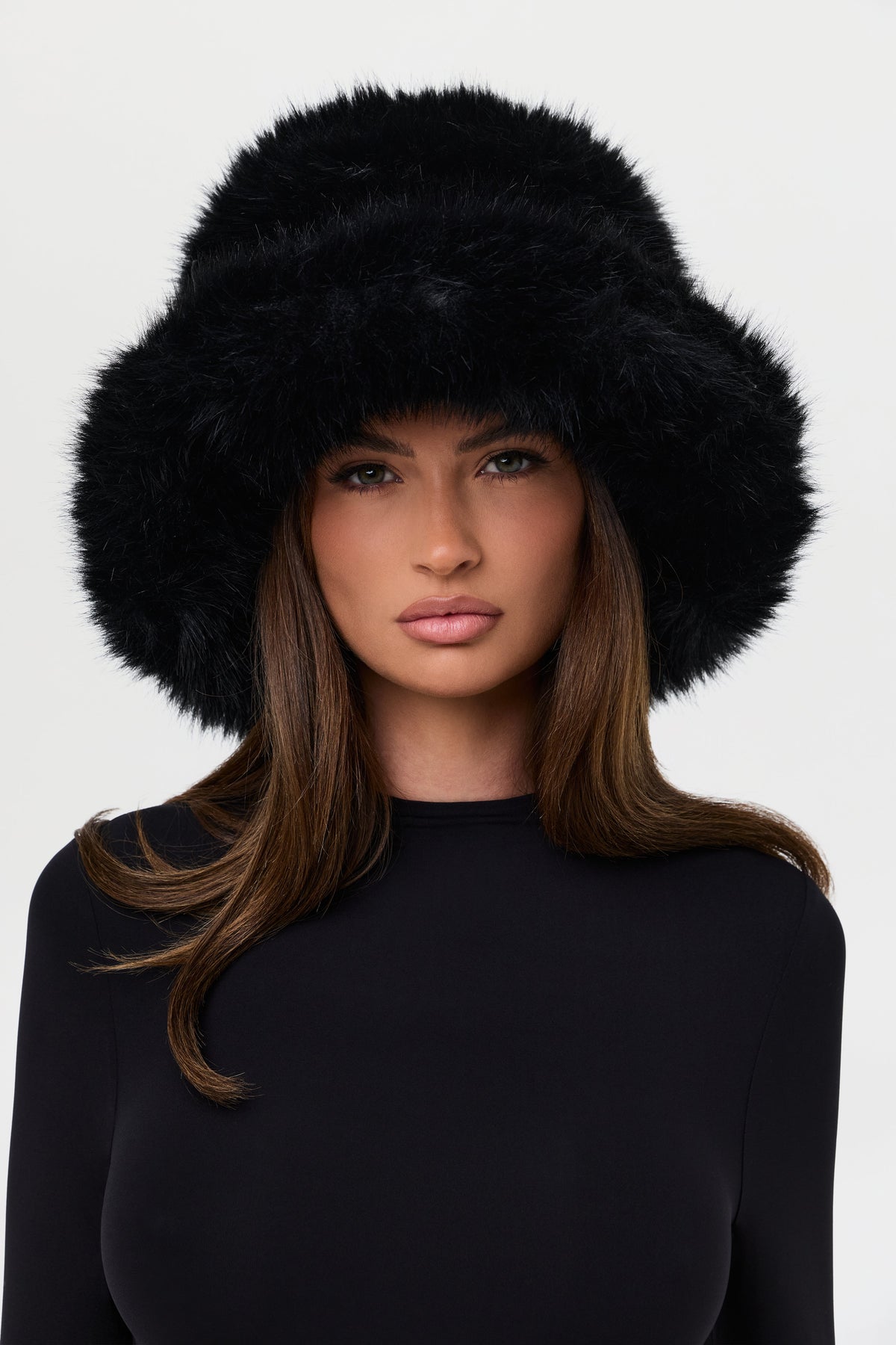 Black Faux Fur Oversized Bucket Hat
