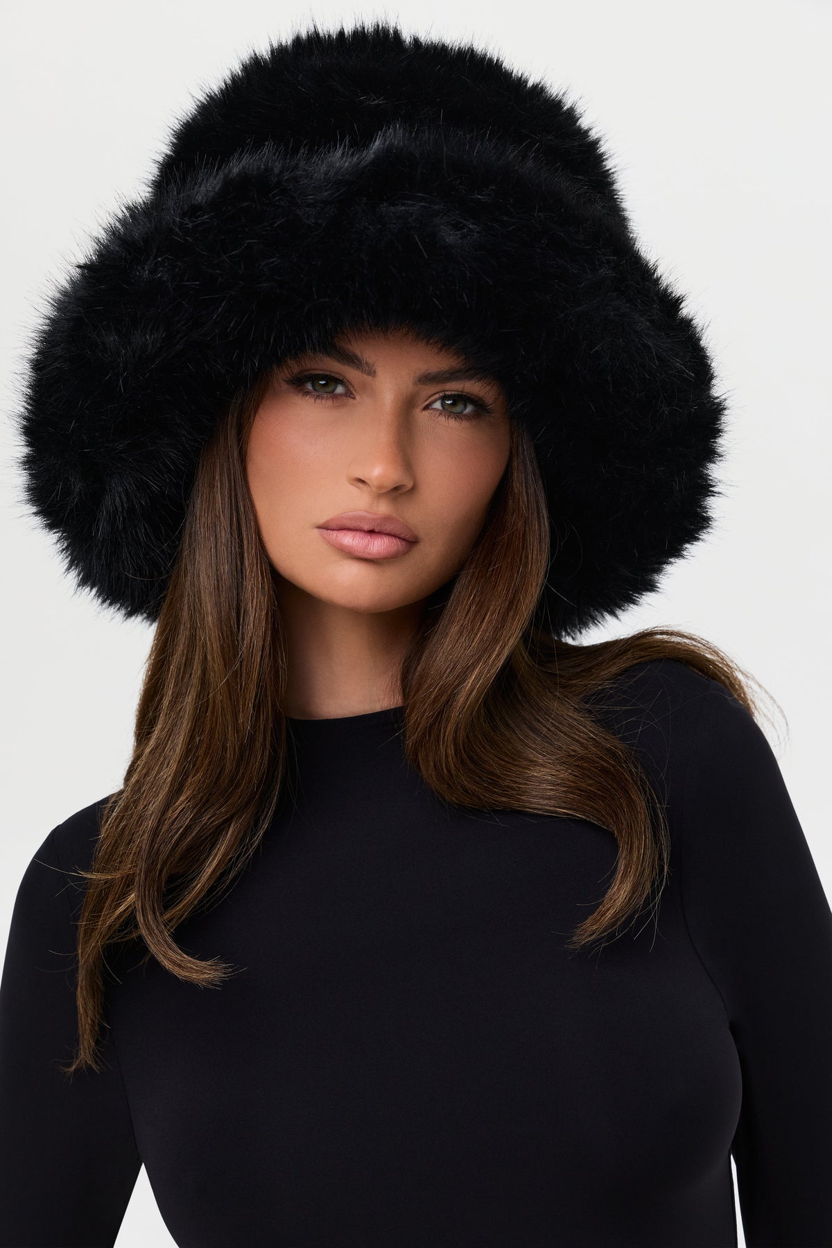 Black Faux Fur Oversized Bucket Hat